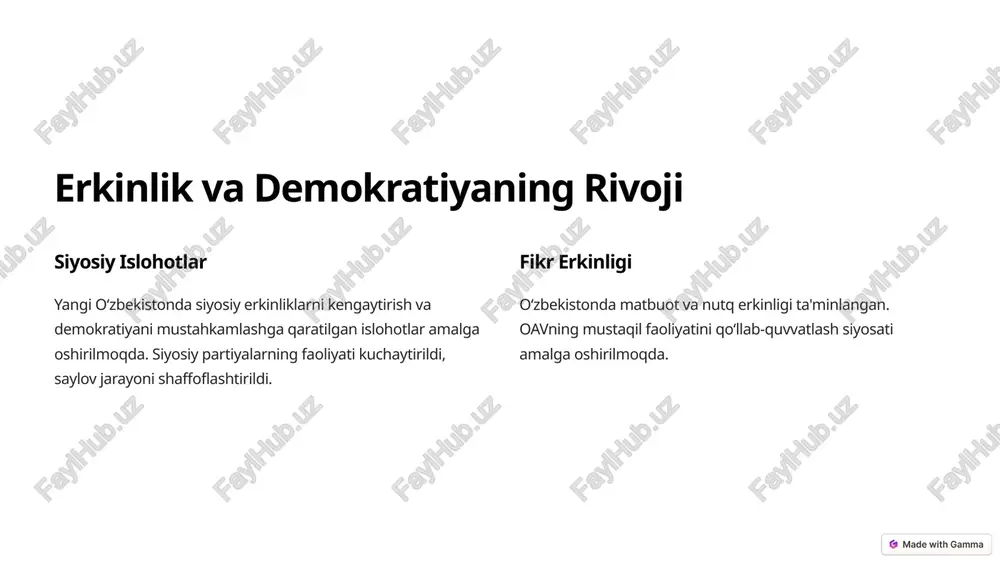 n chora-tadbirlar amalga oshirilmoqda. 3 global ishlash oʻzbekiston global muammolarni hal etishga faol hissa qoʻshmoqda. oʻzbekiston tinchlik va barqarorlikni mustahkamlashga qaratilgan harakatlarni qoʻllab-quvvatlamoqda. 5 ta'lim va tibbiyot tizimini yangilash ta'lim islohotlari oʻzbekistonda ta'lim tizimini tubdan isloh qilishga qaratilgan chora-tadbirlar amalga oshirilmoqda. ta'lim muassasalari modernizatsiyalanmoqda. tibbiyot islohotlari oʻzbekistonda tibbiyot tizimini rivojlantirishga qaratilgan chora-tadbirlar amalga oshirilmoqda. tibbiyot muassasalari zamonaviy uskunalar bilan jihozlanmoqda. kadrlar tayyorlash yangi oʻzbekistonda yuqori malakali kadrlar tayyorlashga e'tibor qaratilmoqda. 6 ijtimoiy sohada amalga oshirilayotgan islohotlar 1 ijtimoiy himoya kam ta'minlangan oilalar va nogironlarga ijtimoiy yordam koʻrsatilmoqda. 2 yoshlarni qoʻllab-quvvatlash yoshlarning ta'lim olish, ishga joylashish va jamiyatda oʻz oʻrnini topishiga koʻmak berilmoqda. 3 ayollar huquqlarini himoya qilish ayollarga teng imkoniyatlar yaratishga qaratilgan chora-tadbirlar amalga oshirilmoqda. 4 madaniy rivojlanish madaniyat va san'atni rivojlantirishga qaratilgan islohotlar amalga oshirilmoqda. 7 oʻzbekiston kelajagiga ishonch yangi oʻzbekiston kelajagi yorqin. prezident shavkat mirziyoyevning rahbarligi ostida amalga oshirilayotgan islohotlar oʻzbekistonning taraqqiyoti va xalq farovonligining oshishiga xizmat qiladi. …