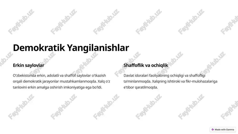 r amalga oshirilmoqda. 2 korrupsiyaga qarshi kurash korrupsiyaga qarshi kurash kuchaytirildi. shaffoflik va adolatli muhit yaratishga intilish kuzatilmoqda. 3 inson huquqlarini himoya qilish inson huquqlarini himoya qilish va qonun oldida barchaga tenglik ta'minlanmoqda. 6 ijtimoiy sohada o'zgarishlar 1 hayot sifatini yaxshilash aholining hayot sifatini yaxshilashga e'tibor qaratilmoqda. sog'liqni saqlash, ta'lim, ijtimoiy himoya tizimlari takomillashtirilmoqda. 2 xalqni qadrash xalqni qadrash, uning ehtiyojlarini qondirishga e'tibor qaratilmoqda. ijtimoiy muammolarni hal qilishga qaratilgan dasturlar amalga oshirilmoqda. 7 xulosalar va kelgusi istiqbollar o'zbekiston taraqqiyotining yangi bosqichi boshlandi. amalga oshirilayotgan islohotlar mamlakatning iqtisodiy va ijtimoiy rivojlanishiga, xalqning farovonligiga ijobiy ta'sir ko'rsatmoqda. kelgusi istiqbollar yorqin, o'zgarishlar davom etadi. 8 image1.png image2.png image3.png image4.png image5.png image6.png image7.png image8.png image9.png image10.png image11.png
