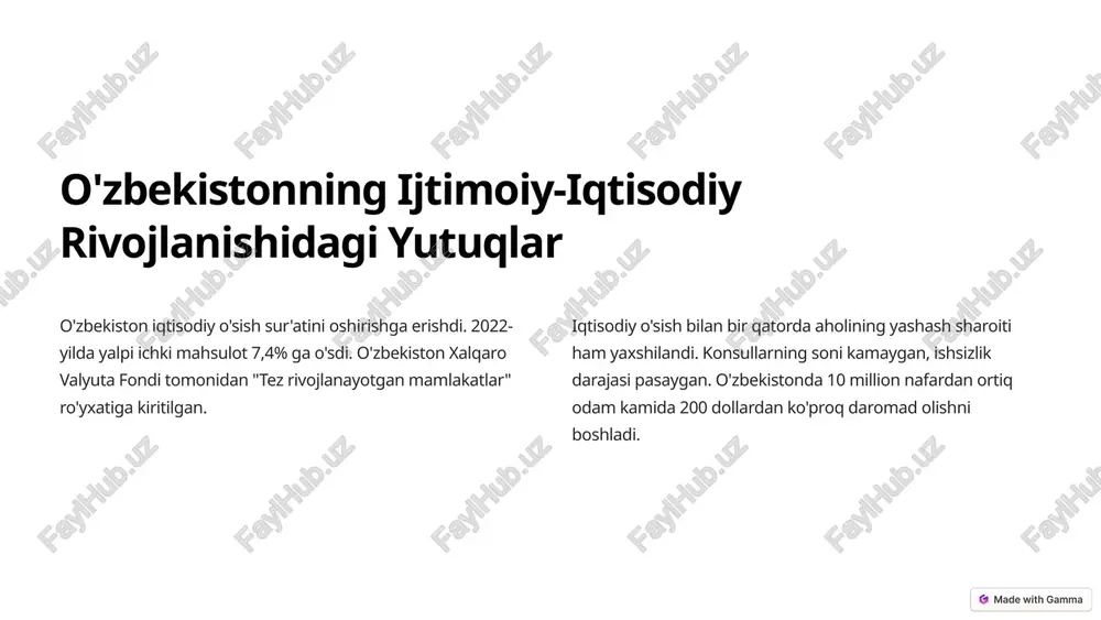 klarini ta'minlash adolatli sudlov o'zbekistonda sud tizimi islohotlari amalga oshirilmoqda. sudlar mustaqilligi ta'minlanib, fuqarolarning huquqiy himoyasi kuchaytirilmoqda. o'zbekiston fuqarolari sudlarga teng huquqlar asosida kirish imkoniyatiga ega bo'lishdi. so'z erkinligi o'zbekistonda so'z erkinligi ta'minlanib, matbuot erkinligi kengaytirildi. mustaqil ommaviy axborot vositalarining soni ko'paydi. o'zbekiston fuqarolari o'z fikrlarini erkin ifoda etish imkoniyatiga ega bo'lishdi. inson huquqlari o'zbekiston inson huquqlarini himoya qilish borasida jiddiy qadamlar tashladi. fuqarolarning huquqiy himoyasi kuchaytirildi, inson huquqlari bo'yicha xalqaro konvensiyalarni amalga oshirishga qaratilgan islohotlar amalga oshiriladi. 4 davlatning ijtimoiy siyosati 1 ta'lim o'zbekistonda ta'lim tizimi tubdan isloh qilinmoqda. maktabgacha ta'lim tarmoqlarining soni ko'paytirildi, maktablar zamonaviy jihozlar bilan ta'minlandi. oliy ta'lim tizimi ham isloh qilinmoqda. xorijiy universitetlar bilan hamkorlik kuchaytirildi. 2 sog'liqni saqlash o'zbekistonda sog'liqni saqlash tizimi isloh qilinmoqda. tibbiy xizmat sifatini oshirish, yangi kasalxonalar qurish, shifokorlar malakasini oshirishga qaratilgan islohotlar amalga oshiriladi. aholining salomatligini yaxshilashga qaratilgan dasturlar ishlab chiqildi. 3 ijtimoiy himoya o'zbekistonda aholini ijtimoiy himoya qilish tizimi …