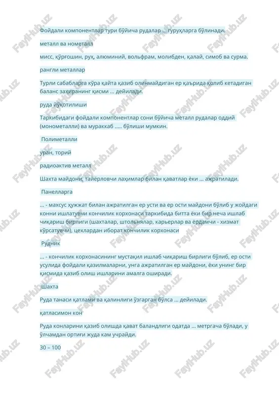 . - maxsus hujjat bilan ajratilgan er usti va er osti maydoni bo'lib u joydagi konni ishlatuvchi konchilik korxonasi tarkibida bitta yoki bir necha ishlab chiqarish birligi (shaxtalar, shtolnyalar, karerlar va yordamchi - xizmat ko'rsatuvchi), tsexlardan iborat konchilik korxonasi rudnik ... - konchilik korxonasining mustaqil ishlab chiqarish birligi bo'lib, er osti usulida foydali qazilmalarni, unga ajratilgan er maydoni, yoki uning bir qismida qazib olish ishlarini amalga oshiradi. shaxta ruda tanasi qatlami va qalinligi o'zgargan bo'lsa ... deyiladi. qatlasimon kon ruda konlarini qazib olishda qavat balandligi odatda ... metrgacha bo'ladi, u o'lchamdan ortig'i juda kam uchraydi. 30 – 100 konchilik jinslari mahkamlik kaeffitsientini birinchilardan bo'lib tasniflagan taniqli olim? m.m.protodyakanov ............ - jinslar massiviy tagi va yon tomonini qazib olib ochiq yuza hosil qilganda, uning ma'lum muddatgacha o'pirilib tushmasdan ship qismini butunligini saqlab turish xususiyati turg'unlik katta miqdordagi qo'porilgan ruda massasini uzoq vaqt xarakatsizlik holati, uning zichlanib yotib qolishi natijasida yoppasiga quyin …