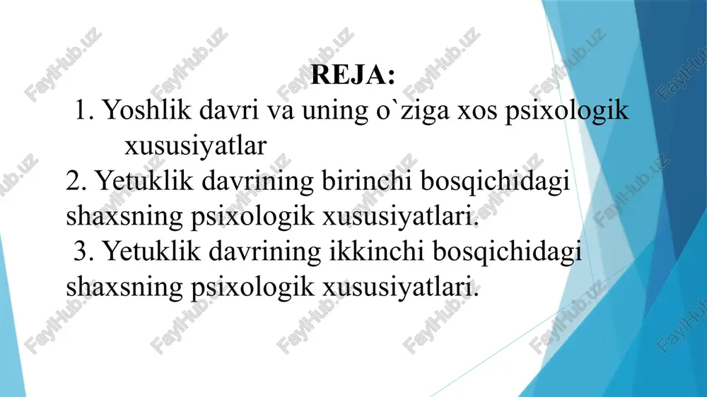 rgalikda oraliqni tekshirib, 22-25 yoshlarda diqqat va xotira 100,5% tafakkur 102,5% xotira 97,0 ballga tengligini 26-29 yoshlarda esa diqqat 102,8 xotira 97,0 tafakkur 95,0 ball ekanligini isbotlab berdi. yoshlarning ijtimoiy hayotda qatnashuvini o‘rgangan v.shevchuk ijtimoiy faoliyatga kirishni eng yuqori cho‘qqisi 25 yosh ekanini aniqlab, bu hol odamlarning 45,4% bo‘lishini ma’lum qiladi. uning fikricha, qolgan yosh davrlarida insonning jamoatchilik faoliyati nisbatan juda kichik birlikni tashkil qiladi, hatto u 45 yoshda 3% teng bo‘ladi. yoshlik davrida yigit-qizlar kamolotiga 3 ta muhim psixologik mexanizm; mehnat jamoasi, oila mikro muhiti va norasmiy ulfatlar ta’sir ko‘rsatadi yetuklik davrini ko’pgina belgilari bilan ajratish mumkin. -jismoniy o’sish kamroq bo’ladi. -kognitiv takomillashish yo’qori rivojlangan boladi. -yangi sharoitga muvaffaqiyatli moslashuvchanlik, -qarama –qarshi qiyinchilikni ijobiy hal qilish,vaziyatga tez moslashish,tobelikni bartaraf etish kabi jihatlar mavjid bo’ladi. yetuklik, kattalik, donishmandlik, rahnamolik, g‘amxo‘rlik, xomiylik davridir. boshqa yosh davrlaridagi kabi mazkur davrda ham muayyan darajada inqiroz bo‘ladi. bu davrda inson qanday ishlarni amalga oshirishga, …