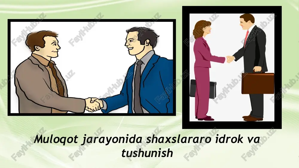 o'lgan kamida 2 kishini o'z ichiga oladi. o'zaro ta'sir strategiyasini tuzishda har bir kishi nafaqat boshqasining ehtiyojlari, motivlari va munosabatlarini, balki bu boshqasi mening ehtiyojlarim, motivlarim va munosabatlarimni qanday tushunishini ham hisobga olishi kerak. boshqasini baholash uning ishtirokchilari oldindan yoki to'g'ridan-to'g'ri o'zaro ta'sir jarayonida oladigan aloqa holatining elementlari to'g'risidagi ma'lumotlarni o'z ichiga oladi. shunday qilib, ilgari notanish odamlar va biz ilgari muloqot qilishimiz kerak bo'lgan odamlarni idrok qilish turli xil psixologik mexanizmlarga asoslanadi. bu mexanizmlar idrok ob'ektiga qarab 2 guruhga bo'linadi. guruhlararo muloqotning psixologik mexanizmlari asosida amalga oshiriladi . shaxslararo muloqot mexanizmlariga asoslangan . ijtimoiy idrok etish mexanizmlari odamlarning boshqa shaxsni talqin qilish, tushunish va baholash usullari. muloqot jarayonida idrok etishning psixologik mexanizmlariga quyidagilar kiradi: - shaxslararo muloqotda: – guruhlararo, biznes aloqalarida: guruh ichidagi favoritizm fiziognomik pasayish ijtimoiy stereotiplar identifikatsiya hamdardlik desentratsiya aks ettirish diqqatga sazovor joy sababiy bog'lanish o'zini boshqasi orqali anglash tahlili ikki tomonni o'z ichiga oladi: identifikatsiya …