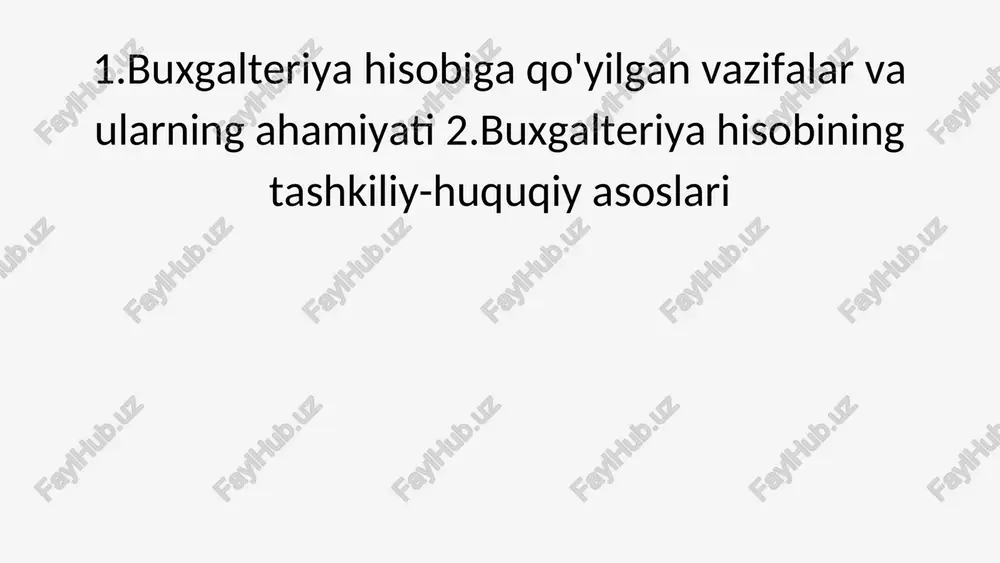 h, mavjud rezervlar hajmini belgilash, uskunalar, mehnat va xomashyo resurslaridan foydalanish darajasini oshirish, shuningdek, moddiy resurslar bilan uzluksiz ta’minlashni yo‘lga qo‘yish. hisob korxona xo‘jalik faoliyatining hujjatlar asosidagi yalpi, uzluksiz va o‘zaro bog‘langan ifodasidir. korxonalarda buxgalteriya hisobining vazifalari korxona ishlab chiqarish xo‘jalik faoliyati vazifalaridan kelib chiqqan holda quyidagilardan tashkil topadi: 1. belgilangan reja topshiriqlari bajarilishini o‘z vaqtida aksettirish va nazorat qilish. 2. moddiy mehnat va moliya resurslaridan samarali va to‘g‘ri foydalanish. 3. ichki ishlab chiqarish rezervlarini aniqlash va ishga solish. 4. korxona rahbari va ma’muriyatini hamda yuqori tashkilotlarni zarur hisobot ma’lumotlari bilan o‘z vaqtida ta’minlash. 5. korxona mulkchiligining xavfsizligini ta’minlash. 6. iqtisodiy tartibning amalga oshirilishi ustidan nazorat olibborish 2.bozor iqtisodiyoti buxgalteriya hisobi faqat hisob yuritish siyosati va statistika vazifasini bajarib qolmasdan, balki manfaatdor tomonlargatasarrufida mavjud bo‘lgan moliyaviy resurslardan qanday qilib yaxshiroq foydalanish to‘g‘risida xolis va asoslangan qaror qabul qilishi uchun xo‘jalik yurituvchi subyektning faoliyati to‘g‘risida axborot to‘plash, uni qayta ishlash va …
