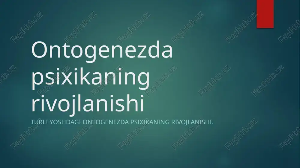 rli bosqichlarini ajratib turadi. masalan, a. n. leontiev bola psixikasi rivojlanishining etti bosqichini, j. piaget - to'rtta, e. erikson - sakkiztasini belgilaydi. keling, a. n. leontyev tomonidan aniqlangan bosqichlarning psixologik mazmunining xususiyatlarini batafsil ko'rib chiqaylik. birinchi bosqich birinchi bosqich - yangi tug'ilgan davr (2 oygacha) bola nisbatan yuqori rivojlangan sezgi organlari, harakat organlari va asab tizimi bilan tug'iladi, ularning shakllanishi prenatal davrda sodir bo'ladi. yangi tug'ilgan chaqaloqning asab tizimi, shu jumladan miya yarim korteksi, odatda, anatomik jihatdan allaqachon to'liq shakllangan. ammo korteksning mikroskopik tuzilishining rivojlanishi hali tugallanmagan, xususan, korteksning motor va hissiy zonalari nerv tolalarining mielinlanishi endigina boshlanadi; yangi tug'ilgan chaqaloqning turmush tarzi prenatal davrda uning turmush tarzidan juda oz farq qiladi: dam olishda bola bir xil embrion pozitsiyasini saqlab qoladi; uyqu umumiy vaqtning 4/5 qismini oladi; bolaning tashqi faoliyati asosan uning oziq-ovqat ehtiyojlarini qondirishga qaratilgan; qo'lda yoki harakatlanuvchi harakatlar umuman yo'q. uchdan to'rt haftagacha chaqaloq rivojlanishning keyingi, yuqori bosqichiga …