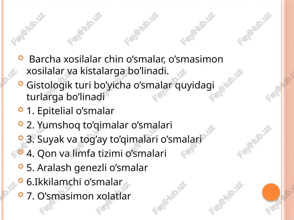 agan tishni toj qismi qaragan bo’ladi bu follikulyar kistani eslatadi odontoma odontoma tish to’qimalarini rivojlanish va shakllanish davridagi nuqsoni bo’lib organga xos xavfsiz o’sma hisoblanadi. odontomalar ko’pincha bolalar va yoshlarda doimiy tishlarni shakllanish davrida uchraydi. ko’proq yuqori jag’ning gaymor bo’shlig’i va pastki jag’ning burchak sohalari zararlanadi. qattiq va yumshoq odontomalar farqlanadi. qattiq odontomalar oddiy va murakkab bo’ladi. oddiy odontomalar bitta tish follikulasidan rivojlanadi yumshoq odontomalar oraliq o’smalar hisoblanib ular odatda tish to’qimalarining to’liq rivojlanmaganligi tufayli hosil bo’ladi sementoma sementoma odontomalarning bir turi sifatida olib qaralishi mumkin, lekin ular morfologik va klinik o’ziga xosligi bilan bir-biridan farqlanadi va odatda juda kam uchraydi. sementoma odontogen biriktiruvchi to’qimadan o’sib bir ikki yoki bir necha tishning ildizi bilan tutashgan bo’ladi. gistologik ko’rinishi bo’yicha har xil ko’rinishi mumkin bazida dag’al hujayrali to’qima- sementga o’xshash bazida hujayra tolali to’qimadan iborat bo’ladi.sementomalarning quyidagi turlari farqlanadi sementoblstoma sementlanuvchi fibroma periapikal sementli displaziya gigant shaklli sementoma sementomalar rentgen tasvirida …
