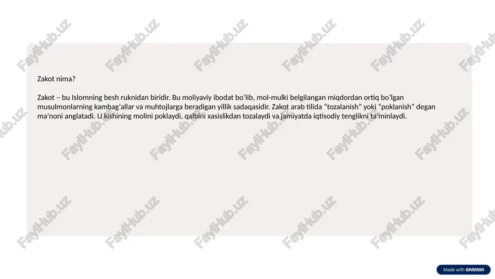 kambag‘allar. 2. miskinlar – ozgina moli bo‘lganlar. 3. zakot yig‘uvchilar – zakotni yig‘ish va tarqatish bilan shug‘ullanuvchilar. 4. yuragi islomga moyil bo‘lganlar – yaqinda islomga kirganlar yoki kirishi kutilayotganlar. 5. qarzdorlar – halol maqsadda qarzga botganlar. 6. alloh yo‘lida bo‘lganlar – masalan, talabalar, da’vatchilar, yoki jihodchilar. 7. yo‘lovchilar – safarda qolib, yordamga muhtoj bo‘lganlar. 8. qullarni ozod qilish uchun – hozirgi zamonda bu toifa odatda ishlatilmaydi. 6 zakatni to'lashdagi xatoliklar va ularning oldini olish miqdor noto‘g‘ri hisoblanishi mol-mulkni to‘liq aniqlash zarur. nisobni noto‘g‘ri qo‘llash shariatdagi nisob limitiga rioya qilish muhim. tarqatishda adolatsizlik haqqoniy tarqatish talab qilinadi. 7 xulosa zakot – bu oddiy moliyaviy majburiyat emas, bu musulmon qalbining saxovatga, rahm-shafqatga va ijtimoiy mas’uliyatga bo‘lgan amaliy javobidir. zakot orqali boylar molini poklaydi, kambag‘allar esa g‘amxo‘rlik topadi. bu ibodat jamiyatdagi adolatli taqsimot, o‘zaro mehr-oqibat va baraka manbaidir. zakot beruvchi allohning rizosini izlab, unga yaqinlashadi, oluvchi esa allohning rahmatini his etadi. shunday ekan, …