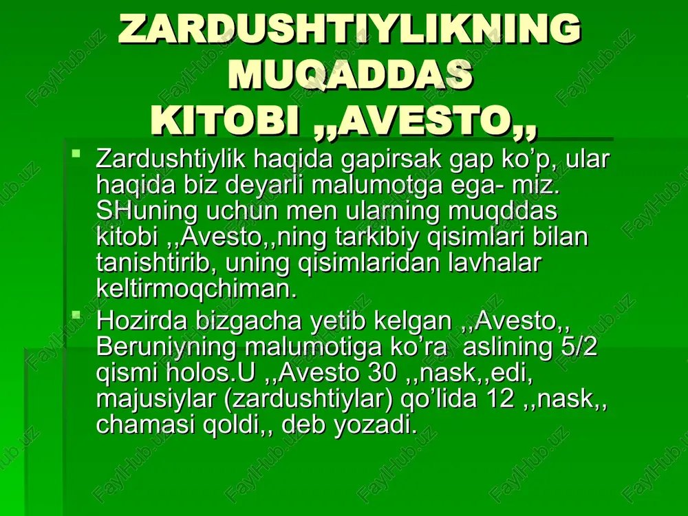 g’-asosi,bunyodi,,. ,,iptidoda yozib qo’llarim bilan senga namoz keltiramen… ,,haqiyqatni va ezgu niyatni yangi etiqod qo’shig’i deb qabul ayladim ,, ,,yasna,, 28- hot. dev ,,iptidoda bu ikki tug’ishgan nomzodlar andisha, kalom va amalda biri- ezgulik, birisi yomonlik o’zaro suhbat quradilar,, ,,yasna,, 30-hot. er-hotin ,,har bir er va ayol o’zi durust va yaxshi deb bilgan narsasiga amal qilishlari va boshqalarni ham ogohlantirishlari hamda ular ham o’sha narsaga amal qilishlari kerak,, ,,yetti buyuk yasht,, havf ,, o’shanda sen unga (odamzodga) yo’l tanlash ozodligini inom etding, toki haqiyqat rahbariga yohud yolg’on sarvariga itoat aylasin,, ,,yasna,, 31-hot. hayot: ,,porlaguvchi oppoq kumushdek odamlarni yo’q ko’lankasi. koinotning kengliklaridan yelib borar yildirim kabi,, ,,mehr yasht,, kopsat tiriklikka darmon baxsh etuvchi malhamni menga oshkor aylagil izn bergil ilohiy kalom va ezgu niyat sening irodangni muvofiq istalgan kimsaga yuz ko’rsatsin,, ,,yasna,, 44-hot. mitra meni nechun yaratding? kim meni ato ayladi? g’azab va adovat ,qabihlik va gustonlik, ezgulik va tubanlik meni …