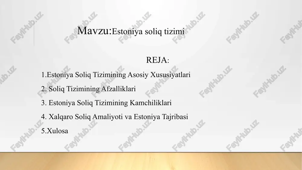 oylashgan yerlar uchun soliq stavkasi 0.1% - 2%. - ijara daromadi uchun soliq: shaxsiy daromad solig‘i qo‘llaniladi. 4.aksiz soliqlari - mahsulotlar va xizmatlarga qo‘llaniladigan soliq: - spirtli ichimliklar, tamaki mahsulotlari, energiya resurslari va avtomobillar uchun aksiz soliq mavjud. - soliq stavkalari mahsulot turiga qarab o‘zgaradi. -xodimlar uchun yillik daromad solig‘i va ijtimoiy to‘lovlar avtomatik ravishda ish beruvchi tomonidan ushlab qolinadi va davlat budjetiga to‘lanadi. 5.ijtimoiy soliqlar: ijtimoiy soliq ish beruvchilar tomonidan ijtimoiy sug'urta, tibbiy sug'urta va pensiyalarni qoplash uchun ish haqining 33% miqdorida to'lanadi yangi soliq. avtotransport solig'i: 2025 yilda kuchga kiradigan ushbu soliq avtomobilning co2 emissiyasi va og'irligi asosida hisoblab chiqiladi, bu esa ekologik toza avtomobillardan foydalanishni rag'batlantiradi 6.qimor o'yinlari soliqlari: masofaviy qimor o'yinlari, lotereyalar va pul tikish uchun soliqlar 2024 va 2026 yillarda oshadi. estoniya davlatida qimor oʻyinlari soligʻi odatda jami oʻyin daromadining 21 foizini tashkil etadi. 6 estoniya soliq tizimi ko'plab mamlakatlar tomonidan innovatsion va samarali deb …