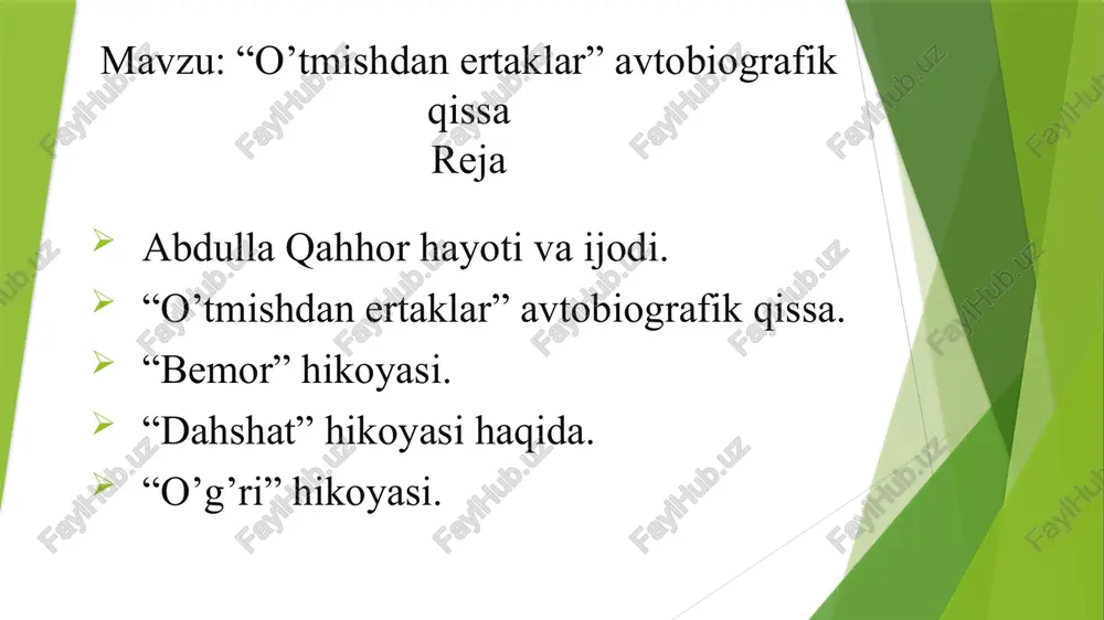 rning o’rtalarida bolaligimni o’ylaganimda chalkam-chatti tush ko’rganday bo’lgan edim: dumli yulduz chiqqan edi; babar degan yigitni otqorovul miltiq bilan otganda o’lmagan edi, shunda otqorovul odamlarga yuzlanib: “yopiray bunaqa battol o’g’rini umrimda ko’rgan emasman, ustidan oshirib o’q uzibmanu kiprik qoqmadiya” degan edi. zehnimda shunga o’xshagan qalqib yurgan xotiralardan tashqari qalqimasdan toshdek cho’kib yotgan xotiralardan tashqari qalqimasdan toshdek cho’kib yotgan xotiralar ham hisobsiz ekanidan uzoq zamon bexabar eknman. bundan meni anton pavlovich chexov domla xabardor qildilar. bundan o’ttiz yil burun men u kishining yigirma ikki tomlik to’plamini qo’limdan qo’ymasdan o’qib chiqdim. shunda alomat bir hodisa yuz berdi: shu bilan muhtaram uztoz menga go’yo muborak ko’zoynaklarini berdilaru: “mana buni taqib, o’z xalqining o’tmishiga nazar sol “ dedilar. ustozning muborak ko’zoynakalrini taqib xalqimizning o’tmishiga qaradim. bir tomonda anton pavlovichning temir yo’l gaykalarini burab olgan “yozuv niyatli kishi”si, ikkinchi tomonda otqorovul yur desa yurgan, tur desa turgan, ustidan oshirib o’q uzganida kiprik qoqmagan “battol o‘g’ri”-babar. …