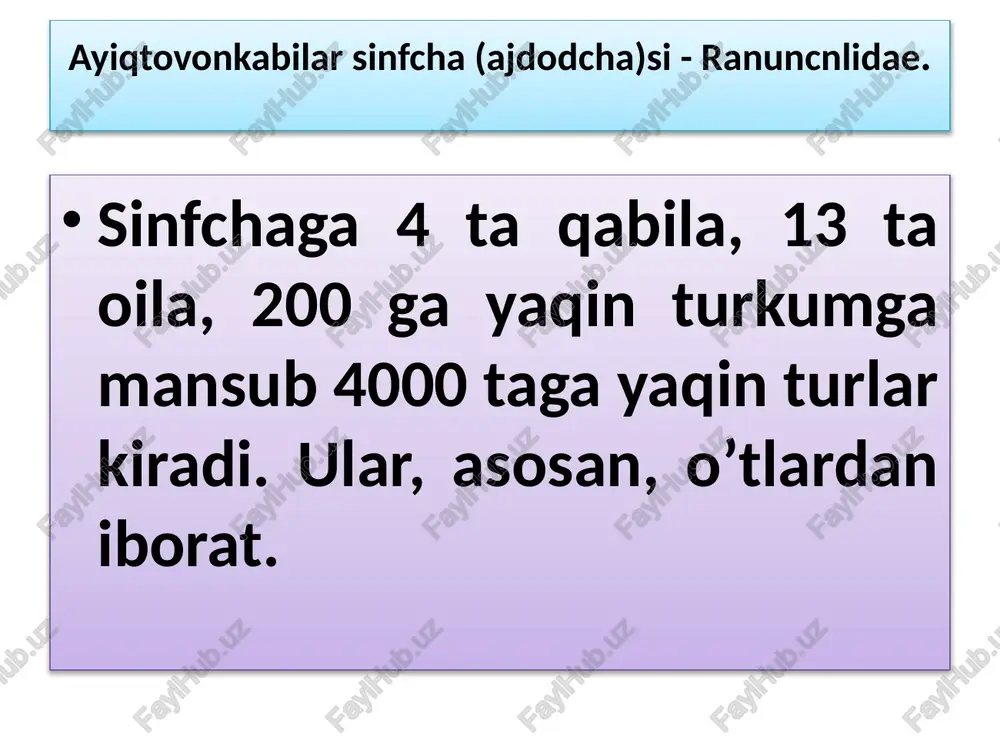 aklarga kesilgan. gullari aktinomorf, ikki jinsli, gulkosachabarglari 5-8 ta, gultojibarglari 5 tadan. changchilari ham urug’chilari ham cheksiz. mevasi ko’p a'zoli yong’oq meva, tibbiyotda yurak kasalini davolashda ishlatiladi. sariq rangli gultojibarglaridan bo’yoq olinadi. parpi - akonitum o’t o’simlik bo’lib, gullari ko’m - ko’k rangda bo’lib, zigomorfdir. bu o’simlik tarkibida akonitin degan zaharli alkoloid bor, bu modda kam miqdorda berilsa og’riqni bosadi, katta dozalari qattiq zaharlanishga sababchi bo’ladi. akonitning asosan tuganaksimon ildizidan tayyorlanadigan ekstrakti bilan nastoykasi nevralgiya, revmatizm va boshqa kasalliklarni davolashda ishlatiladi. uchma - cyeratocephalus erta bahorgi, efemyer o’simlik. barglari uchtali qirqilgan. o’simlikning bo’yi 1 sm dan 10 sm gacha, poyasi bargsiz. gullari aktinomorf, ikki jinsli, hashorot yordamida changlanadi. gulkosa va gultojibarglari 5 tadan erkin o’sgan, changchilari 5-15 tagacha, urug’chisi cheksiz. trollius –trollius. ko’p yillik o’t o’simlik. barglari oddiy panjasimon, mevalari ko’p urug’li. isfarak- delphinium- bir va ko’p yillik o’t o’simlik. barglari chuqur qirqilgan. gullari zigomorf, sochoq to’pgulga o’rnashgan. hamma vakillari …