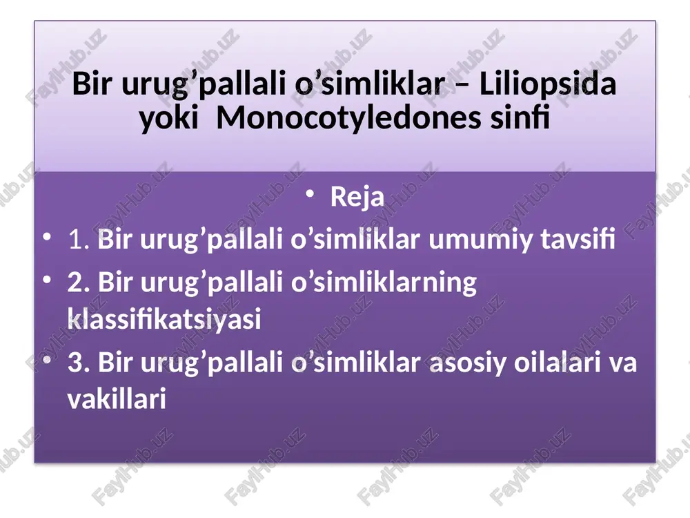 njonnamolar-colchicales qabilasi savrinjondoshlar-colchicaceae bu oilaga 47 turkumga mansub, 400 taga yaqin tur kiradi. ular ildizpoyali, tuganak, piyozboshli o’simliklar. to’pguli poyasining uchida joylashgan. urug’chisi 3-(4) ta erkin. mevasi ko’sak bo’lib, pishganda hamisha to’sig’idan chatnaydi. o’zbekistonda 2 ta turkumga mansub 3 ta turi o’sadi. kesselring savrinjoni –colchicum kesselringii o’zbekiston respublikasi qizil kitob iga kiritilgan. savrinjon-colchicum. tuganak piyozboshli, barglari tasmasimon, ildiz bo’g’zidan chiqqan, erta bahorda yoki kuzda gullovchi o’t o’simlik. uning tuganak piyozboshi parda bilan qoplangan. guli yirik, yakka, ikki jinsli. gulqo’rg’oni uzun naysimon, sariq, oq, pushti va gilos rangda bo’lib, tagi birikkan. urug’chisi 6 ta, 3 tasi uzunroq. zaharli o’simlik. gulsafsarnamolar – iridales sinfchasi gulsafsardoshlar oilasi - iridaceae. oilaga 70 - 80 turkumga oid 1800 tur kiradi. asosan, ildizpoyali, tuganak - piyozboshli ko’p yillik o’t, ba'zan chala buta (tropiklarda) o’simliklar hisoblanadi. oilaning vakillari yer sharining hamma mintaqalarida uchraydi. o’zbekistonda 6 turkumga mansub 30 turi o’sadi. barglari qilichsimon, yuqoriga tikkayib, ba'zida yoysimon egilib …
