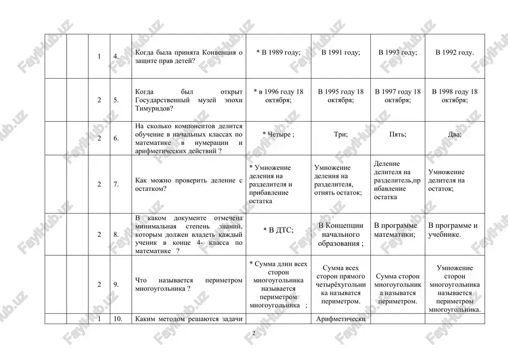 ma storon mnogougolnika nazivatsya perimetrom. umnojenie storon mnogougolnika nazivaetsya perimetrom mnogougolnika. 1 10. kakim metodom reshayutsya zadachi v 4- klasse? * metodom obyasneniya; arifmeticheskim metodom; metodom resheniya uravneniya ustno : 2 11. iz skolkix obuchayushix komponentov sostoit matematika v nachalnix klassax? *4 8 12 9 2 12. skolko millimetrov v odnom kilometre,? * 1 km.=1000 000 mm; 1km. =100 000 mm; 1 km.=1000 00 mm; 1km.=10 00 mm; 1 13. v kakom variante pravilno ukazano reshenie uravneniya 2009-x=1432 *987; 230 577 445 2 14. v kakom klasse proxodit podgotovka obucheniya obrazovaniya slov? 1 15. v kakom vide doljno sostoyat sochinenie i izlojenie v nachalnix klassax? v vide rasskaza v vide voprosa-otveta v vide teksta; v vide malenkogo teksta 2 16. skolko minut udelyaetsya chteniyu i rabote nad tekstom v 3-4 klassax? 25-30 minut; 27-28 minut; 30-35 minut; 36-32 minut; 3 17. trebovaniya obuchaemie na praktike v prirode *umet uxajivat za …
