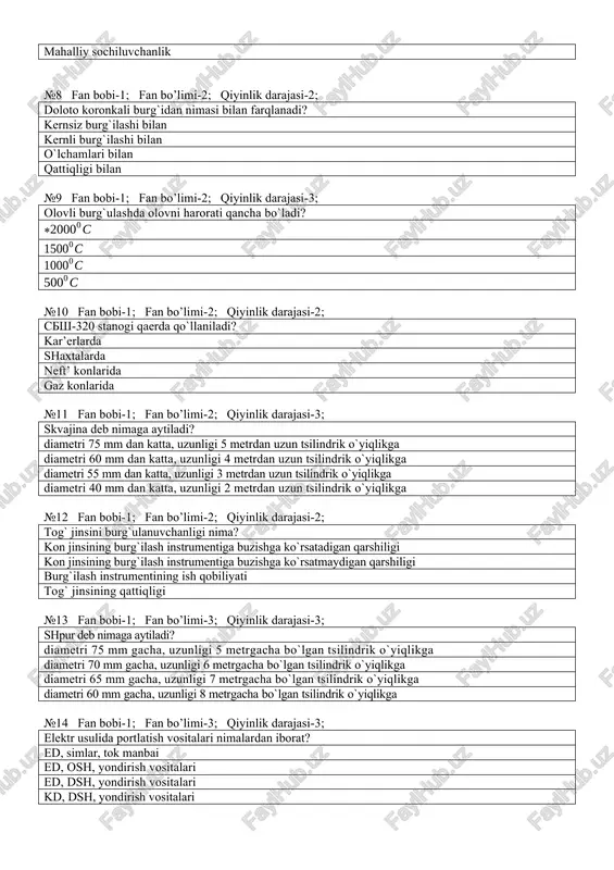 mahalliy o`loqtiruvchanlik mahalliy sochiluvchanlik №8 fan bobi-1; fan bo’limi-2; qiyinlik darajasi-2; doloto koronkali burg`idan nimasi bilan farqlanadi? kernsiz burg`ilashi bilan kernli burg`ilashi bilan o`lchamlari bilan qattiqligi bilan №9 fan bobi-1; fan bo’limi-2; qiyinlik darajasi-3; olovli burg`ulashda olovni harorati qancha bo`ladi? * №10 fan bobi-1; fan bo’limi-2; qiyinlik darajasi-2; sbsh-320 stanogi qaerda qo`llaniladi? kar’erlarda shaxtalarda neft’ konlarida gaz konlarida №11 fan bobi-1; fan bo’limi-2; qiyinlik darajasi-3; skvajina deb nimaga aytiladi? diametri 75 mm dan katta, uzunligi 5 metrdan uzun tsilindrik o`yiqlikga diametri 60 mm dan katta, uzunligi 4 metrdan uzun tsilindrik o`yiqlikga diametri 55 mm dan katta, uzunligi 3 metrdan uzun tsilindrik o`yiqlikga diametri 40 mm dan katta, uzunligi 2 metrdan uzun tsilindrik o`yiqlikga №12 fan bobi-1; fan bo’limi-2; qiyinlik darajasi-2; tog` jinsini burg`ulanuvchanligi nima? kon jinsining burg`ilash instrumentiga buzishga ko`rsatadigan qarshiligi kon jinsining burg`ilash instrumentiga buzishga ko`rsatmaydigan qarshiligi burg`ilash instrumentining ish qobiliyati tog` jinsining qattiqligi №13 fan bobi-1; fan bo’limi-3; …