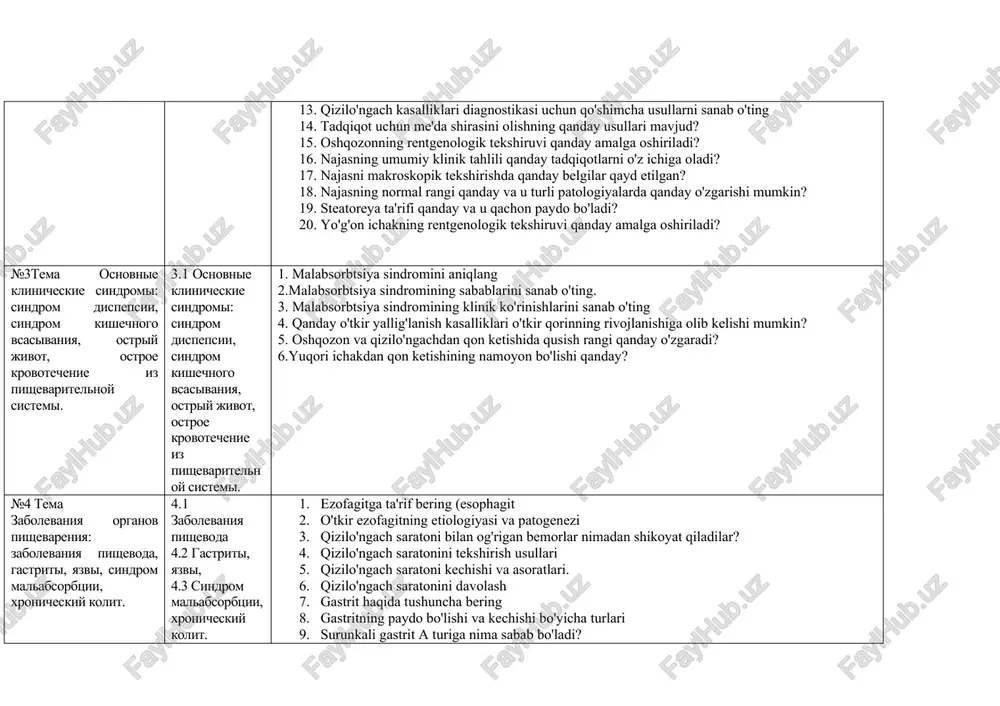 amalga oshiriladi? 8. chuqur palpatsiya bosqichlarini sanab bering 9. qorinning perkussiyasi qanday ma'lumotlarni beradi? 10. qizilo'ngach kasalliklari diagnostikasida keng qo'llaniladigan tekshiruv usullarini sanab o'ting. 11. qizilo'ngachning rentgenologik tekshiruvi 12. ezofagoskopiya nima? 13. qizilo'ngach kasalliklari diagnostikasi uchun qo'shimcha usullarni sanab o'ting 14. tadqiqot uchun me'da shirasini olishning qanday usullari mavjud? 15. oshqozonning rentgenologik tekshiruvi qanday amalga oshiriladi? 16. najasning umumiy klinik tahlili qanday tadqiqotlarni o'z ichiga oladi? 17. najasni makroskopik tekshirishda qanday belgilar qayd etilgan? 18. najasning normal rangi qanday va u turli patologiyalarda qanday o'zgarishi mumkin? 19. steatoreya ta'rifi qanday va u qachon paydo bo'ladi? 20. yo'g'on ichakning rentgenologik tekshiruvi qanday amalga oshiriladi? №3tema osnovnie klinicheskie sindromi: sindrom dispepsii, sindrom kishechnogo vsasivaniya, ostriy jivot, ostroe krovotechenie iz pishevaritelnoy sistemi. 3.1 osnovnie klinicheskie sindromi: sindrom dispepsii, sindrom kishechnogo vsasivaniya, ostriy jivot, ostroe krovotechenie iz pishevaritelnoy sistemi. 1. malabsorbtsiya sindromini aniqlang 2.malabsorbtsiya sindromining sabablarini sanab o'ting. 3. malabsorbtsiya sindromining klinik ko'rinishlarini sanab …