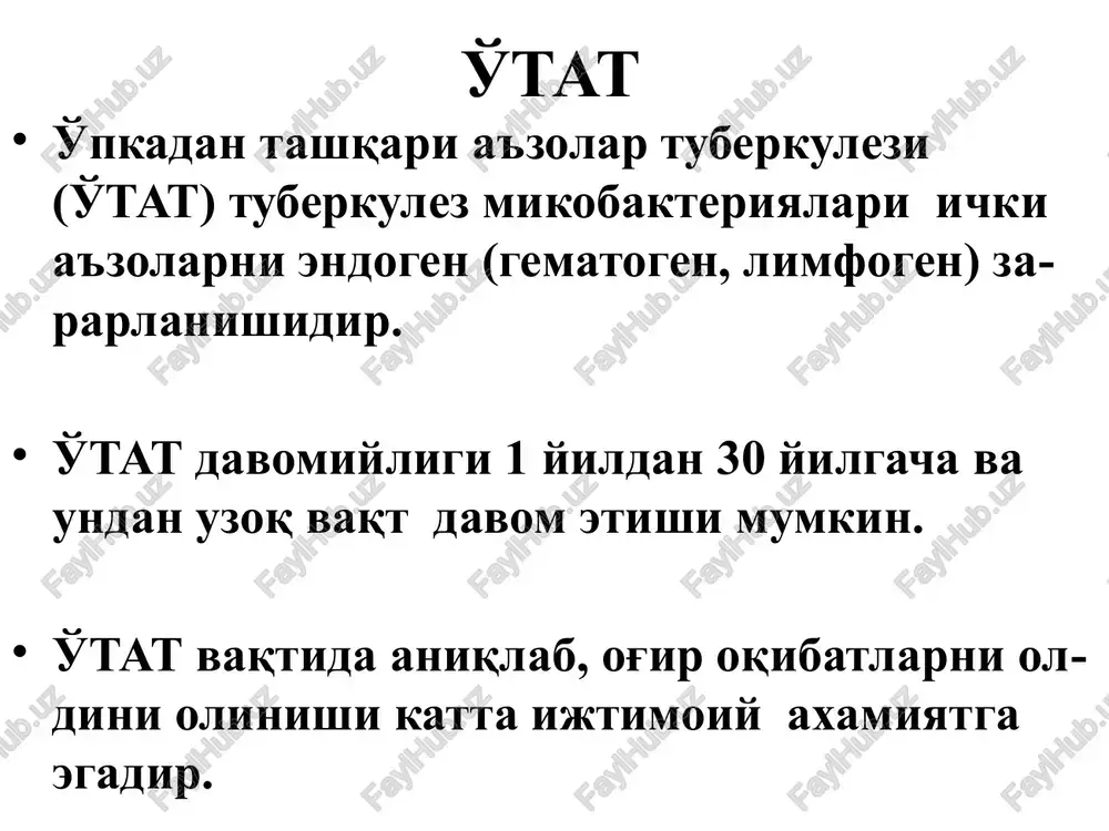 ilitik) - o'choqlar o'zida suyak ko'migi tutgan epifiz va metafiz qismlarida, umurtqalar tanasida joylashadi. artritik (spondilitik) - jarayonning bo'g'imlarga va uning bitta umurtqadan tashqariga chiqishi bilan xarakterlanadi. postartritik (postspondilitik) - skeletning yaqqol deformatsiyalari, funktsional buzilishi, qaytalanishi va torpid kechishi xos. barmoq suyagi tb koksoartroz tb tb spondiliti tb artrit kalla suyagi tb buyrak tuberkulezi birlamchi o'choqli o'zgarishlar buyrak parenximasinig kortikal qismlarida joylashadi. o'choqlar - kazeoz nekroz o'zgarishlar va spetsifik granulyatsiya to'qimadan tashkil topgan. o'choqlarning rivojlanishi natijasida kazeoz massalar markazidan erib, bo'shliq-kaverna xosil qiladi. bu esa bakteriuriyaga olib kelib, siydik yo'llarining zararlanishiga sabab bo'ladi. buyrak silini simptomlari: belda o'tmas og'riq; xolsizlik; stranguriya; gematuriya; tana haroratini ko'tarilishi. buyrak uzi buyrak tb abdominal tuberkulez abdominal tuberkulez – jigar, taloq, ichak, qorin parda va mezenterial limfa tugunlarining tuberkulezi. abdominal tuberkulez kechishida yallig'lanish jarayoniga regionar va mezenterial ildizi limfa tugunlari-ning qo'shilishi asosiy o'rin egallaydi. jigar tuberkulezi jigar gematogen yo'l orqali zararlanadi. jigar parenximasida tipik tuberkulez …