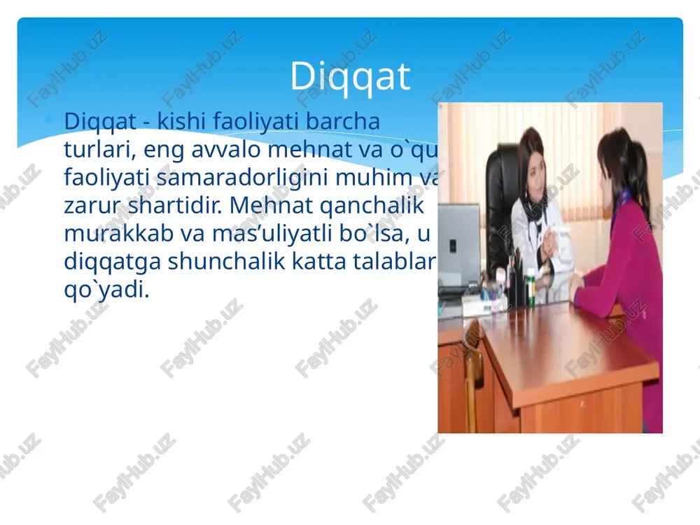 ti uning tanlaydigan, yo'naltirilgan shakldaligidan iborat. tevarak atrofdagi olamning ko'plab ta'sirlari orasidan kishi hamisha nimanidir idrok etadi, nimanidir faraz qiladi, nima haqidadir fikr yuritadi, o'ylaydi. ongning bu xossasini uning diqqat kabi xususiyati bilan o'zaro bog'liq, deb hisoblaydilar. diqqat va uning turlari diqqat individning emotsional, aqliy yoki harakatlantiruvchi faolligi darajasining oshirilishini taqozo etadigan tarzda ongning yo'naltirilganligi va bir narsaga qaratilganligidir. diqqatni ma'lum obyektga qaratish uchun irodaviy kuch, g'ayrat sarflash zarurati ishga tushayotgan paytda, binobarin, qiyinchiliklar paydo bo'lganida, bilishga oid qiziqish susayganida va, shuningdek to'siqlar mavjud bo'lgan kezlarda aniq-ravshan namoyon bo'ladi. diqqat ixtiyorsiz diqqat kishining anglashilgan niyatlari va maqsadlaridan mustasno tarzda hosil bo'ladi va qo'llab-quvvatlanadi. ixtiyorsiz diqqatning paydo bo'lishi jismoniy, psixofiziologik va psixik omillar bilan belgilanadi. hosil bo'lish xususiyatiga va amal qilish usullariga ko'ra diqqat- ning ikkita asosiy turi mavjud: ixtiyorsiz diqqat; ixtiyoriy diqqat. ixtiyoriy diqqat ongli ravishda boshqariladigan va tartibga solina- digan diqqat-e'tibordir. ixtiyoriy diqqat ixtiyorsiz diqqat zamirida hosil bo'ladi. ixtiyoriy …