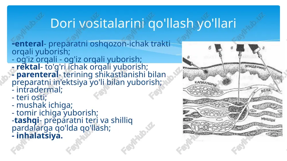 tslar - har xil o'lchamlar; eksantrik uchi konusli shpritslar yaxshiroqdir; - teriga alkogol yoki yod bilan ishlov beriladi; - bir qo'lning 1 va 2-barmoqlari bilan teri va teri osti to'qimalari burmaga yig'iladi va biroz yuqoriga tortiladi; - igna teriga o'tkir burchak ostida joylashtiriladi va 1-2 sm chuqurlikda kiritiladi; - pistonni orqaga tortib, igna uchining idishdagi mumkin bo'lgan joylashuvi tekshiriladi - qon yo'q bo'lsa, dori aok qilinadi. teri ostiga in'ektsiya qilish uchun eng qulay joylar: elkaning tashqi yuzasi; subskapular bo'shliq; sonning oldingi tashqi yuzasi; qorin devorining lateral yuzasi; aksiller mintaqaning pastki qismi. bu joylarda teri osongina burmaga tushadi va qon tomirlari, nervlar va periosteumga zarar etkazish xavfi yo'q. in'ektsiya tavsiya etilmaydi: teri osti yog'i shishgan joylarda; yomon so'rilgan oldingi in'ektsiyalardan olingan siqilishlarda. teri ostiga yuborilgan dorivor moddalar og'iz orqali yuborilganidan ko'ra tezroq ta'sir qiladi, chunki ular tezda so'riladi. teri osti in'ektsiyalari 15 mm chuqurlikdagi eng kichik diametrli igna bilan amalga oshiriladi …