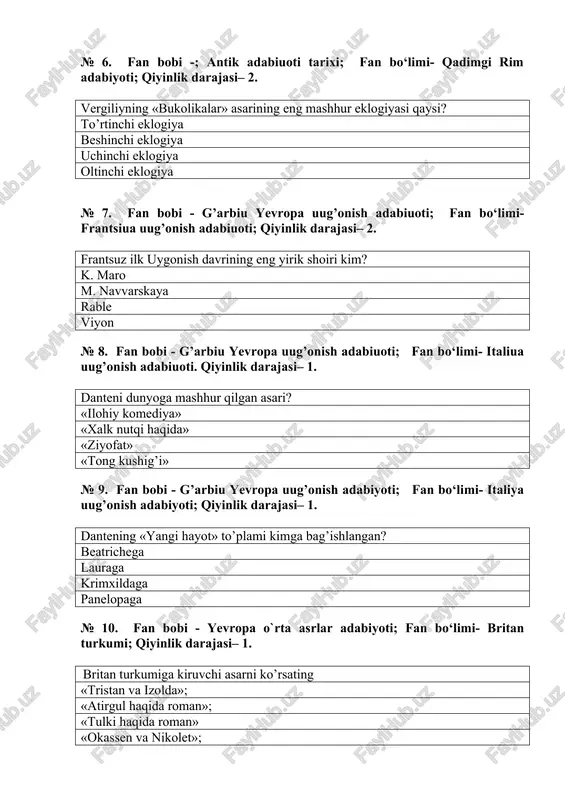 paga № 10. fan bobi - yevropa o`rta asrlar adabiyoti; fan bo‘limi- britan turkumi; qiyinlik darajasi– 1. britan turkumiga kiruvchi asarni ko’rsating «tristan va izolda»; «atirgul haqida roman»; «tulki haqida roman» «okassen va nikolet»; № 11. fan bobi - yevropa o`rta asrlar adabiuoti; fan bo‘limi- ritsarlik romanlari; qiyinlik darajasi– 2. ritsarlik romanlari nechta turkumga bo’linadi? uchta ikkita oltita to’rtta № 12. fan bobi - yevropa o`rta asrlar adabiuoti; fan bo‘limi- shahar adabiyoti; qiyinlik darajasi– 2. xii asrdagi vizantiya va sharq bilan savdo-sotiqning rivoji va shaharlar mavqeining oshuvi qaysi adabiyotni rivojiga sabab bo’ldi? shahar adabiyoti ritsarlik adabiyoti klerikal adabiyot ma’rifatparvarlik adabiyoti № 13. fan bobi - yevropa o`rta asrlar adabiuoti; fan bo‘limi- shahar adabiyoti; qiyinlik darajasi– 2. axloqiy xarakterdagi dramatik asar nima deyiladi? moralite mirakl fars misteriya № 14. fan bobi - g’arbiy yevropa uyg’onish adabiuoti; fan bo‘limi- italiya uug’onish adabiyoti; qiyinlik darajasi–1 petrarkaning qaysi asari vergiliyning «eneida» dostoniga taklid kilib …