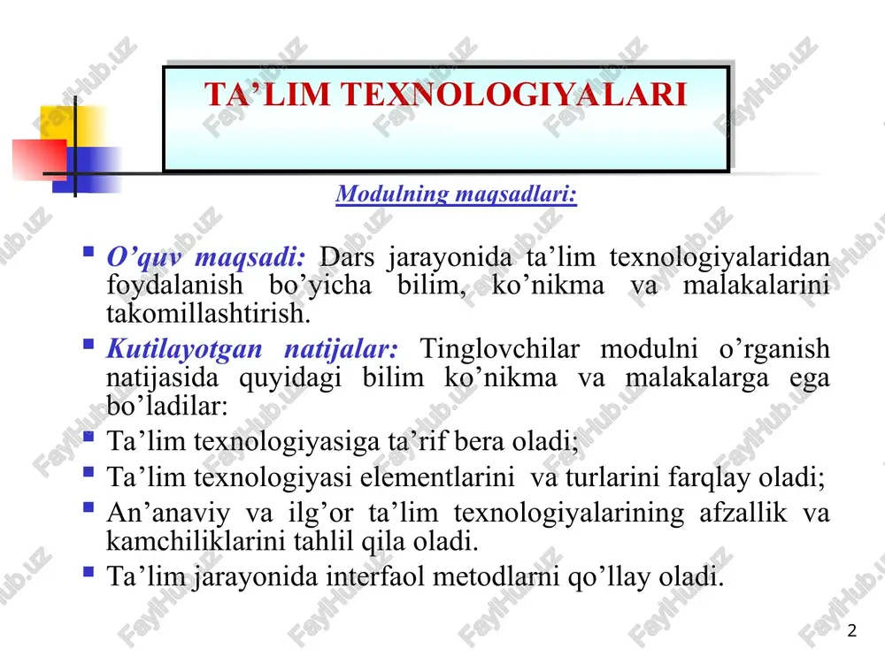 rin i.ya. lerner pedagogik texnologiya-o’quv jarayoniga yondashgan holda, oldindan belgilab olingan maqsad ko’rsatkichlaridan kelib chiqib o’quv jarayonini loyihalashdir. pedagogikn texnologiya-ta’lim oluvchilar harakatlarida aks etgan o’qitish natijalari orqali ishonchli anglab olinadigan aniqlanadigan maqsadni ifodalaydi. * ta’lim shakllarini maqbullashtirish maqsadida, inson va texnika resurslari hamda ularning o’zaro ta’sirini hisobga olgan holda, barcha o’qitish va bilimlarni o’zlashtirish jarayonini yaratish, jarayonini yaratish, qo’llash va aniqlash tizimdir. (yunesko) * baholash monitoring ta'lim beruvchi ta'lim vositalari ta'lim metodlari ta'lim shakllari ta'lim oluvchi ta'lim mazmuni ta'lim natijalari ta'lim maqsadlari ta'lim jarayoni * an’anaviy element muammoli o’qitish o’yin tadqiqot hamkorlikda o’qitish erkin ta’lim masofaviy o’qitish dasturli o’qitish tabaqalashtirilgan ta’lim indivuallashgan ta’lim modulli o’qitish rivojalantiruvchi kompyuterli ta’lim va h.k * ta’lim jarayoni ko’proq o’qituvchi shaxsiga qaratilgan bo’lib, o’qitishning an’anaviy shakli, metodi va ta’lim vositalarining majmuidan foydalanib, ta’lim-tarbiya maqsadiga erishishdir. * ta’lim jarayoni ko’proq ta’lim oluvchi shaxsiga qaratilgan bo’lib, o’qitishning noan’anaviy shakli, interfaol metodlar va zamonaviy ta’lim vositalarining majmuini ta’lim-tarbiya …