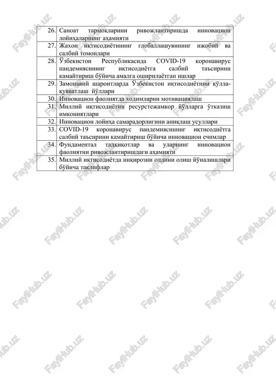 hlar 29. zamonaviy sharoitlarda o'zbekiston iqtisodiyotini qo'lla-quvvatlash yo'llari 30. innovatsion faoliyatda xodimlarni motivatsiyalash 31. milliy iqtisodiyotni resurstejamkor yo'llarga o'tkazish imkoniyatlari 32. innovatsion loyiha samaradorligini aniqlash usullari 33. covid-19 koronavirus pandemiyasining iqtisodiyotga salbiy ta'sirini kamaytirish bo'yicha innovatsion echimlar 34. fundamental tadqiqotlar va ularning innovatsion faoliyatni rivojlantirishdagi ahamiyati 35. milliy iqtisodiyotda inqirozni oldini olish yo'nalishlari bo'yicha takliflar