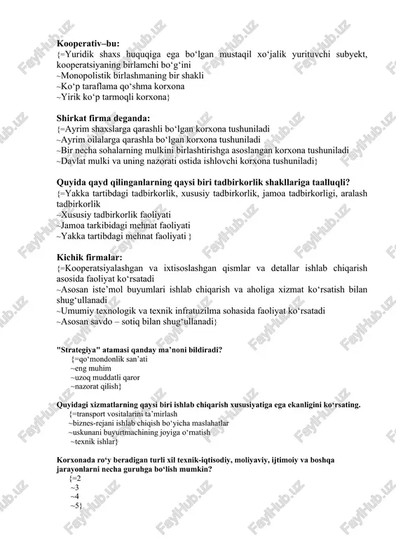 ushuniladi ~davlat mulki va uning nazorati ostida ishlovchi korxona tushuniladi} quyida qayd qilinganlarning qaysi biri tadbirkorlik shakllariga taalluqli? {=yakka tartibdagi tadbirkorlik, xususiy tadbirkorlik, jamoa tadbirkorligi, aralash tadbirkorlik ~xususiy tadbirkorlik faoliyati ~jamoa tarkibidagi mehnat faoliyati ~yakka tartibdagi mehnat faoliyati } kichik firmalar: {=kooperatsiyalashgan va ixtisoslashgan qismlar va detallar ishlab chiqarish asosida faoliyat ko‘rsatadi ~asosan iste’mol buyumlari ishlab chiqarish va aholiga xizmat ko‘rsatish bilan shug‘ullanadi ~umumiy texnologik va texnik infratuzilma sohasida faoliyat ko‘rsatadi ~asosan savdo – sotiq bilan shug‘ullanadi} "strategiya" atamasi qanday ma’noni bildiradi? {=qo‘mondonlik san’ati ~eng muhim ~uzoq muddatli qaror ~nazorat qilish} quyidagi xizmatlarning qaysi biri ishlab chiqarish xususiyatiga ega ekanligini ko‘rsating. {=transport vositalarini ta’mirlash ~biznes-rejani ishlab chiqish bo‘yicha maslahatlar ~uskunani buyurtmachining joyiga o‘rnatish ~texnik ishlar} korxonada ro‘y beradigan turli xil texnik-iqtisodiy, moliyaviy, ijtimoiy va boshqa jarayonlarni necha guruhga bo‘lish mumkin? {=2 ~3 ~4 ~5} ishlab chiqarish bazalarini rivojlantirish qanday strategik bosqich hisoblanadi? {=superstrategik yechimlar bosqichi ~strategik yechimlar bosqichi ~taktik yechimlar …