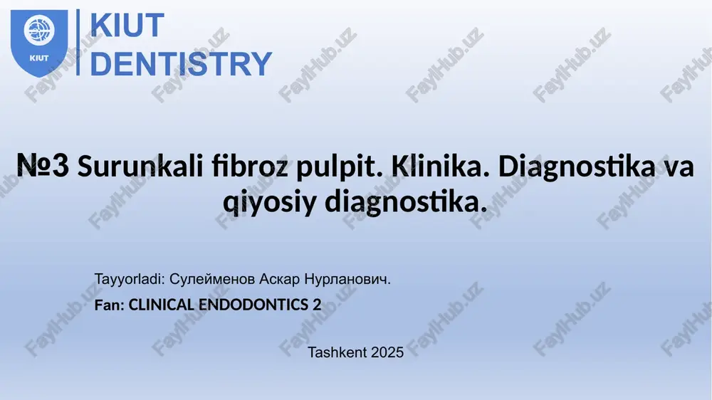 ha, ochiq nuqta ko'proq pulpaning vestibulyar shoxi yaqinida (63,5%), og'iz shoxi yaqinida (24,09%) yoki ular orasida kamroq joylashadi. ba'zi hollarda, nekrektomiyadan so'ng, markazda deyarli sezilmaydigan nuqta bilan engilroq, zichroq dentin maydoni topiladi, u qon ketmaydi, ammo zondlashda og'riqli. bu holat ilgari terapevtik astar sifatida odontotropik vositalar bilan davolangan tishda mumkin. surunkali fibröz pulpitni chuqur kariyes, o'tkir o'choqli pulpit va surunkali gangrenoz pulpitdan ajratish kerak. o'tkir bosqichda surunkali fibroz pulpit shikoyatlar: harorat va kimyoviy tirnash xususiyati bilan kuchaygan o'z-o'zidan og'riqli og'riqlar uchun. og'riq davriy bo'lib, yorug'lik oraliqlari bilan almashadi va ko'pincha kechqurun va kechasi paydo bo'ladi. sovuq boshqa tirnash xususiyati beruvchilarga qaraganda uzoq muddatli og'riqli reaktsiyaga sabab bo'ladi. trigeminal asabning shoxlari bo'ylab og'riqning nurlanishining tabiati. tekshiruvda chuqur karioz bo'shliq yoki plomba ostidagi tish aniqlanadi. tish bo'shlig'i bir nuqtada ochiladi. pulpani tekshirish juda og'riqli. zondlashda pulpa qon ketadi. sovuqqa reaktsiya uzoq davom etadi, sabab bartaraf etilgandan keyin og'riq yo'qolmaydi. tishning perkussiyasi biroz …
