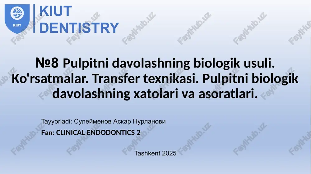 lpaning limfa tizimini o'rgangan. odontoblastlarda ham, fibroblastlarda ham sodir bo'ladigan oqsil sintezi, faol gidrolitik va oksidlanish-qaytaruvchi fermentlarning mavjudligi, kislotali mukopolisaxaridlarning to'planishi, pulpada hujayra elementlarining fagotsitik va kollagen hosil qiluvchi funktsiyasi - bularning barchasi jarayonlarning yagona tizimini tashkil qiladi. yallig'lanishga qarshi kurashishga qaratilgan. tish pulpasining hayotiy faoliyatini saqlab qolish uchun asoslar tish pulpasining plastik funktsiyasi yoki uni himoya qiluvchi deb ham atash mumkin, pulpaning periferik qatlamining hujayralari, odontoblastlar, tirnash xususiyati bo'lganda dentin hosil qilish qobiliyatiga ega. pulpaning reaktiv xususiyatlari undagi mononukulyar makrofaglar tizimining elementlari - gistiyositlar va makrofaglarning mavjudligidan iborat bo'lib, ular organizmda va natijada pulpada muhim to'siq vazifasini bajaradi. pulpaning himoya roli uning ba'zi hujayra elementlariga xos bo'lgan fagotsitoz jarayonlarida; odontoblastlarning dentin va boshqa shunga o'xshash to'qimalarni ishlab chiqarish qobiliyati, bu esa saqlaydi pulpadagi metabolik jarayonlar askorbin kislota almashinuvi yallig'langan pulpa paytida immunitetni himoya qilish jarayonlarida rol o'ynaydi; gialuron kislotasi gialuronidaza fermentini ishlab chiqarmaydigan bakteriyalarni ushlab turishga yordam beradi; pulpadagi …