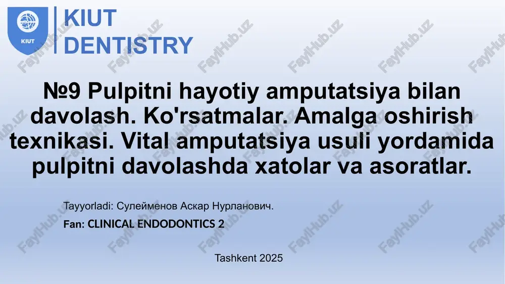 'choqli yallig'lanish joyini bir vaqtning o'zida olib tashlash, keyinchalik pulpa po'stlog'iga dorivor ta'sir ko'rsatish, dorivor pasta va doimiy plomba qo'llashdan iborat. ko'rsatkichlar: travmatik pulpit (tasodifan ochilgan pulpa); o'tkir fokal pulpit; surunkali tolali pulpit; kerakli shartlarga rioya qilish, shuningdek, butun pulpaning saqlanishi; tugallanmagan ildiz rivojlanishi bilan doimiy tishlar; ildiz kanallaridan o'tish qiyin. hayotiy pulpa amputatsiyasini amalga oshirish algoritmi birinchi tashrif 1. og’riqni yoqotish 2. kariyes bo’shlig’ini antiseptic bilan davolash 3. karioz bo’shliqlarini tayyorlash va uning bosqichlari 4. tish bo’shlig’i ustki qavatini olib tashlash 5. koronal pulpaning amputatsiyasi 6.chuqur amputatsiya 7. ildiz kanali teshiklari sohasida maydon yaratish 8. antiseptik davolash 9. odontotropik pasta qo’llash 10. nalojenie povyazki hayotiy pulpa amputatsiyasini amalga oshirish algoritmi ikkinchi tashrif: 11. udalenie povyazki 12. antiseptik davolash 13. davolovchi pastani yangiudan qo’yish 14. izoliruyushaya prokladka iz iskusstvennogo dentina, fosfat tsementa, postoyannaya plomba po pokazaniyam. koronal pulpa amputatsiyasining xususiyatlari kichkina o'tkir ekskavator bilan koronal pulpa va ildiz pulpasining bir …