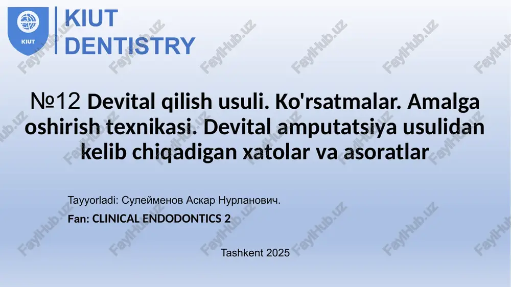 ulyatsiyasi, pulpa to'qimalari nekrotik bo'ladi; 2. qon tomirlari kengayadi, oraliq bosim, qon atrofdagi to'qimalarga oqadi; 3. nerv to'qimasi: a) mielinning donador parchalanishi, b) eksenel silindrning munchoqsimon o'zgarishi; 4. birlashtiruvchi tolalar va odontoblastlar kam o'zgaradi; 5. birlashtiruvchi to‘qima hujayralari va gistotsitlar 3-4 marta ko‘payadi (shishadi). dikain - og'riq qoldiruvchi vosita; anestetik timol - m / f ni bostirish; - to'qimalarga m/o tarqalishini oldini olish; - dentin tubulalari va deltoid shoxlaridagi pulpani dezinfektsiyalash; kofur - toksinlar ta'sirini kamaytirish. rp: mishyak kislotasi 5.0 kislota taninlari 2.5 oleosi caryophyllori 5.0 d.s. kechiktirilgan pulpa nekrozi uchun pasta. kengaytirilgan mishyak pastasi - 1-2 hafta. rp: paraformaldegidi 9,0 anaesthesini 1,0 eugenoli g.s. m. f. pasta. d.s. kechiktirilgan pulpa nekrozi uchun pasta. mishyaksiz pasta paraformaldegid og'iz bo'shlig'ida depolimerizatsiya qiladi u bo'linadi molekulalar formaldegid suvsizlanish mumiyalash pulpalar vodu v paste isklyuchit t.k., paraformaldegid prevrashaetsya v formaldegid i obezvojivanie ne proisxodit. pulpani qisman olib tashlash sxemasi: 1 - doimiy to'ldirish: …