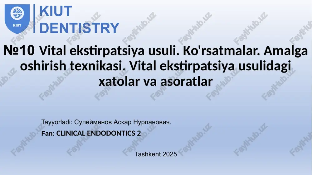orat ostida bo'lishi kerak. 6-bosqich - doimiy plomba qo'yish. vital ekstirpatsiya 1-y etap – mahalliy og’riqsizlantirish vital ekstirpatsiya 2-bosqich - karioz bo'shliqni tayyorlash va tish bo'shlig'ini ochish - tish bo'shlig'ining topografiyasini hisobga olgan holda amalga oshiriladi. vital ekstirpatsiya 3-bosqich - pulpani olib tashlash (ekstirpatsiya). vital ekstirpatsiya 4-bosqich - ildiz kanalidan qon ketishini to'xtatish. vital ekstirpatsiya 5-bosqich - ildiz kanallarini to'ldirish . vital ekstirpatsiya 6-bosqich - doimiy plomba qo'yish. vital ekstirpatsiya davolash usuli. shakllanmagan ildizga ega doimiy tishda hayotiy ekstirpatsiya amalga oshirilgandan so'ng, ildiz kanalini to'ldirish 2 bosqichda amalga oshiriladi: 1-bosqich - kaltsiy gidroksidi bo'lgan pastalar bilan hosil bo'lgan qism ichidagi ildiz kanalining vaqtincha tiqilishi. ildiz kanalini to'ldirgandan so'ng, vaqtinchalik shisha ionomer tsement plomba qo'llaniladi, bu esa kerakli muhrni ta'minlaydi. vital ekstirpatsiya davolash usuli. birinchi to'ldirish 1 oydan keyin, keyin har 2-3 oyda amalga oshiriladi. davolashning o'rtacha davomiyligi 12-18 oy. apeksifikatsiyani rag'batlantirish uchun sink-eugenol pastasi ham ishlatilishi mumkin, uning ildiz kanalida …
