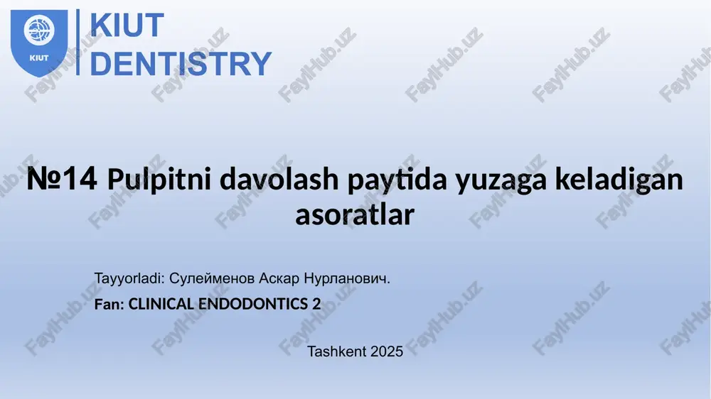 upragingival yoki subgingival); b - kanalga noto'g'ri yo'nalish berish; tish bo'shlig'ini tayyorlashdagi xatolar: a - kariyoz bo'shlig'ining etarli darajada tayyorlanmaganligi bilan tish bo'shlig'ining protrusionga (pulpa shoxi) muvofiq ochilishi; b - dentinning ortiqcha olib tashlanishi tufayli tish tojining zaiflashishi; in - tish bo'shlig'ining pastki qismining teshilishi murakkablik belgilar sabablari oslojneniya, voznikayushie v protsesse obrabotki kanala oldini olish davolash kanalning shaklini o'zgartirmasdan haddan tashqari kengayishi. katta asboblarning erkin harakatlanishi. katta diametrli agressiv asboblar bilan faol ishlash. kanal devorlarining qalinligini hisobga olgan holda: kanalni asl o'lchamdan 2-4 raqamdan ko'p bo'lmagan miqdorda kengaytirish. instrumental davolanishni to'xtatish, doimiy obturatsiya bilan lateral bosimni minimallashtirish. murakkablik belgilar sabablari oldini olish davolash ildizning ichki egrisida o'rta uchinchida kanalning haddan tashqari kengayishi. asbobning kavisli kanalda juda erkin harakatlanishi, asbob kanalning egriligiga ergashmaydi, devorning teshilishi mumkin. kanalning egri chizig'ini etarlicha baholamaslik, kavisli kanalda etarli darajada kavisli asboblar bilan ishlash. xavfsiz h-fayl yoki a-fayl yordamida asbobni oldindan bukish. instrumental davolanishni to'xtatish, …