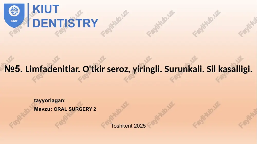 fadenit: shikoyatlar: * boshingizni qimirlatishda noqulayliklar; * teri ostida og'riqli "to'p" paydo bo'lishi; anamnez: * kasallikning davomiyligi 1 oy yoki undan ko'proq. umumiy tekshirish: * bo'yinning harakatchanligini cheklash; palpatsiya: * limfa tuguni kattalashgan, harakatchan, og'riqsiz; * dumaloq yoki tasvirlar shaklida, diametri 3 sm dan ortiq; * yumshoq elastik mustahkamlik. laboratoriya tadqiqotlari: * oak - o'rtacha neytrofil leykotsitoz, nisbiy limfotsitoz, tezlashtirilgan esr, * yallig'lanishning o'tkir bosqichiga xos bo'lgan biokimyoviy qon tekshiruvi va me'yordan chetga chiqish; surunkali shakllarda laboratoriya tadqiqotlari o'zgarishsiz. instrumental tadqiqotlar: * yuz va bo'yin limfa tugunlarining ultratovush tekshiruvi: limfa tugunining shishishi, uning kapsulasining kuchlanishi, qon tomir naqshining kuchayishi, kortikal va kortikal zonalarning kengayishi, kapsulaning shishishi va tarqalishi, sinuslarning kengayishi, limfa tugunida bitta anekoik "kist" tuzilmalari, keyinchalik xo'ppoz paydo bo'lishi mumkin; tor mutaxassislar bilan maslahatlashish uchun ko'rsatmalar: * umumiy amaliyot shifokori,pediatr, yuqumli kasalliklar shifokori: limfadenitning monotogen bo'lmagan xususiyatini istisno qilish. asosiy klinik differentsial diagnostika mezonlari 1.o'tkir sialoadenit-shish, giperemiya, tuprik bezlarining …