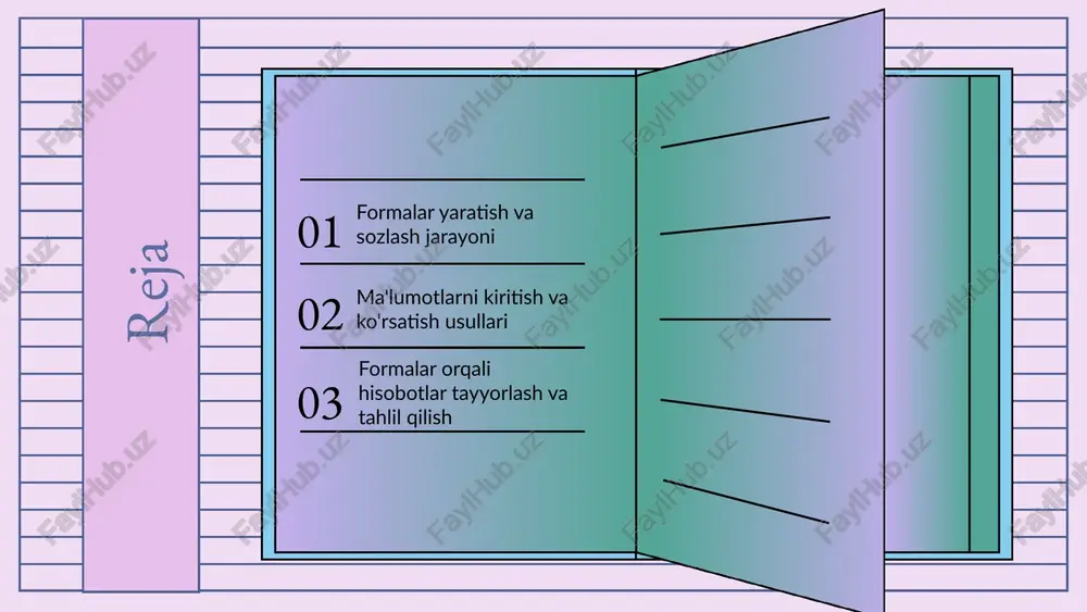 vjud ma'lumotlarni o'zgartirish uchun ishlatiladi. 1. ma'lumotlar kiritish formasi: bu forma foydalanuvchilarga yangi ma'lumotlarni kiritish uchun qulay interfeys taqdim etadi. masalan, mijozlar ro'yxatini kiritishda foydalaniladi. 2. hisobot formasi: ushbu forma ma'lumotlarni ko'rsatish va tahlil qilish uchun xizmat qiladi. masalan, sotuvlar hisobotini ko'rish uchun ishlatiladi. 3. qidiruv formasi: foydalanuvchilar ma'lumotlarni tezda topishlari uchun qulay usul. misol uchun, buyurtmalarni qidirishda foydalaniladi. 4. o'zgarish formasi: mavjud ma'lumotlarni yangilash imkonini beradi. masalan, mijoz ma'lumotlarini yangilashda qo'llaniladi. 5. qo'shimcha elementlar: formalar yaratishda tugmalar, dropdown menyular va suratlar kabi elementlar qo'shish mumkin. bu foydalanuvchilarga interfeys bilan ishlashda qulaylik yaratadi. ma'lumotlarni kiritish usullari asosiy ma'lumotlarni kiritish usullari ma'lumotlarni kiritishning asosiy usullari quyidagilardan iborat: qo'lda kiritish, ma'lumotlarni import qilish va avtomatik kiritish. qo'lda kiritish - bu foydalanuvchilar tomonidan ma'lumotlarni to'g'ridan-to'g'ri kiritish jarayonidir, import qilish esa boshqa manbalardan (masalan, excel fayllaridan) ma'lumotlarni o'tkazishni o'z ichiga oladi. ms accessda ma'lumotlarni kiritish uchun bir nechta interfeyslar mavjud. eng ko'p ishlatiladigan interfeyslar …