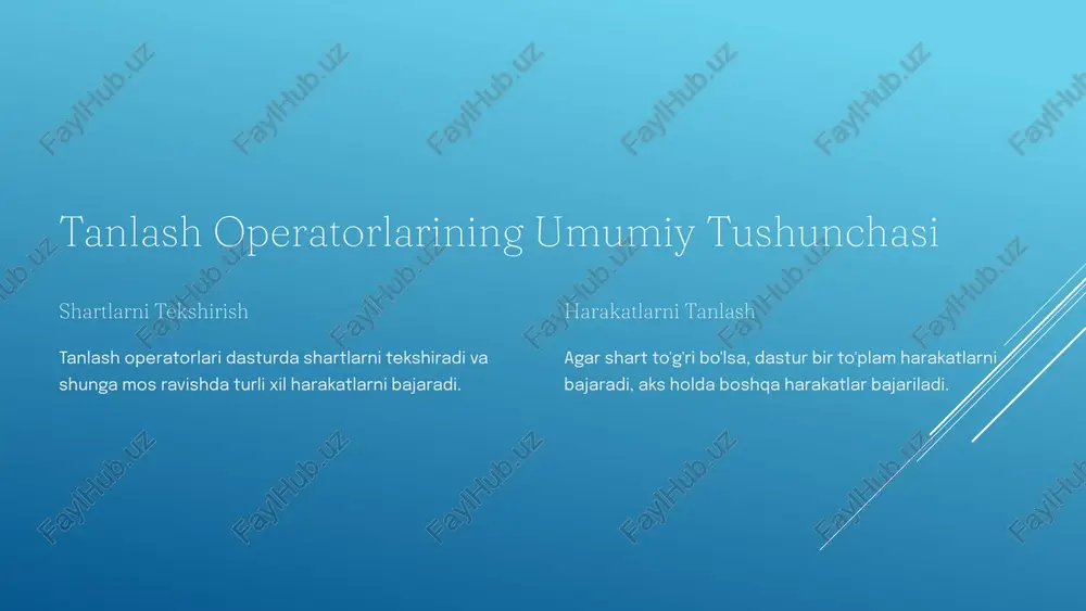 va turli xil shartlarga mos ravishda turli xil harakatlarni bajarishga imkon beradi. kirish ma'lumotlarini tekshirish kiritilgan ma'lumotlarning to'g'riligini tekshirish va noto'g'ri ma'lumotlarni qayta ishlash uchun ishlatiladi. xatoliklarni qayta ishlash dasturda yuzaga keladigan xatoliklarni aniqlash va ularga mos ravishda harakatlarni amalga oshirish uchun ishlatiladi. 7 tanlash operatorlaridan foydalanish sohalari 1 menu tanlash foydalanuvchi tomonidan tanlangan menyu elementiga qarab turli xil funksiyalarni chaqirish. 2 kirish ma'lumotlarini tekshirish kiritilgan ma'lumotlarning to'g'riligini tekshirish va noto'g'ri ma'lumotlarni qayta ishlash. 3 xatoliklarni qayta ishlash dasturda yuzaga keladigan xatoliklarni aniqlash va ularga mos ravishda harakatlarni amalga oshirish. 8 tanlash operatorlarining afzalliklari va kamchiliklari afzalliklari dasturning moslashuvchanligini oshiradi shartlarga qarab turli xil harakatlarni bajarishga imkon beradi dastur mantig'ini tushunarli va sodda qiladi kamchiliklari ko'pgina shartlar mavjud bo'lsa, kod murakkablashib qolishi mumkin nosozliklarni topish qiyin bo'lishi mumkin 9 xulosa va keyingi qadamlar vba da tanlash operatorlari dasturlashda muhim rol o'ynaydi. ular dasturning moslashuvchanligini oshiradi va turli xil shartlarga mos …