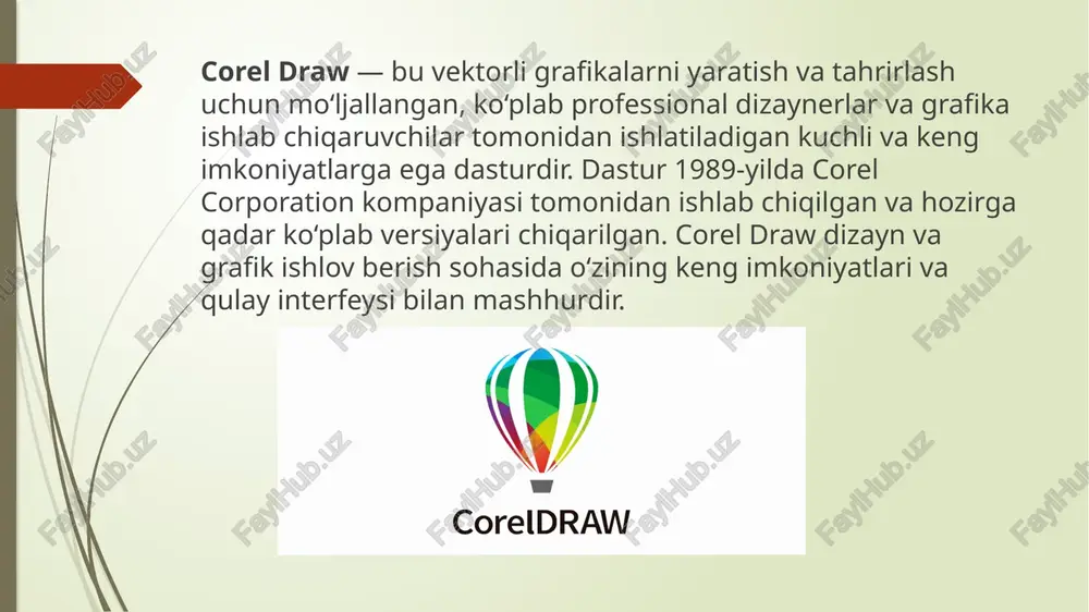 raw juda ko‘p geometrik shakllarni yaratishga imkon beradi: doiralar, to‘rtburchaklar, uchburchaklar, chiziqlar va boshqa shakllar. shakllar ustida turli transformatsiyalarni amalga oshirish mumkin, masalan, o‘zgartirish, burish, kattalashtirish, kichraytirish, egilish va boshqalar. shakllarni birlashtirish, ajratish, kesish va boshqa turli morfing effektlari qo‘llaniladi 4.matn bilan ishlash corel draw matn bilan ishlashda yuqori darajadagi moslashuvchanlikni taqdim etadi. matnni vektorli ob'ektga aylantirish: bu yordamida matnni chizma yoki grafikaga aylantirish mumkin. tipografik xususiyatlar: har xil shriftlar, yozuv o‘lchamlarini o‘zgartirish, ranglarini tanlash, matnni bo‘shash, oraliqlarni sozlash. matnni egish, xatlarni o‘zgartirish, matnni yo‘naltirish kabi imkoniyatlar mavjud. matnni shakllarga moslashtirish va to‘g‘ri formatlash imkoniyatlari mavjud. corel draw, grafik dizayn va vektorli tasvirlar yaratish uchun juda mashhur dastur bo‘lib, uning bir qator afzalliklari va kamchiliklari mavjud. quyida dasturning asosiy afzalliklari va kamchiliklari keltirilgan. afzalliklari: 1.yuqori sifatli vektorli grafikalar corel draw vektorli grafikalar yaratishda juda yuqori sifatga ega. vektorli grafikalar tasvirlarni o‘lchamlarini o‘zgartirganingizda ham sifatni yo‘qotmasdan saqlaydi. bu dizaynerlarga tasvirlarni turli …