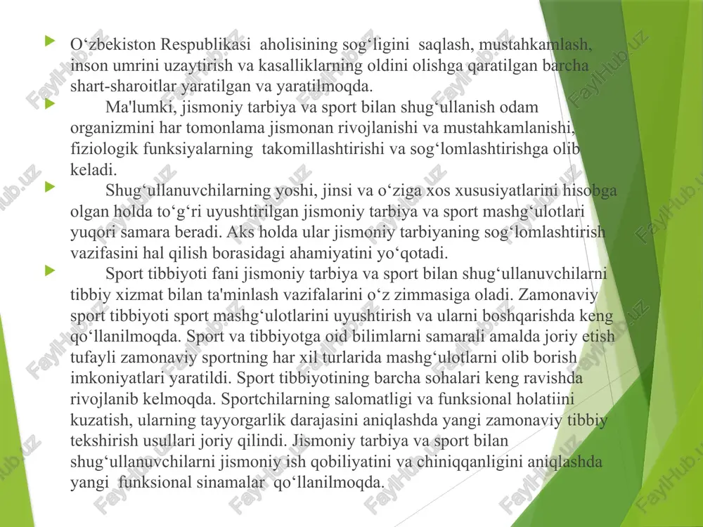 m zamondan boshlab qo‘llanilib kelingan. jismoniy tarbiya va tibbiyotning bir biriga bog‘liqligi haqida qadimgi tarixiy adabiyotlarda qayd etilgan. hatto gippokrat, gerodikus, galen, abu ali ibn sino, parasel's va boshqa buyuk tibbiyot allomalari jismoniy mashqlarni, parhez, massaj, hammomlarni turli kasalliklarni oldini olishda keng qo‘llaganlar. qadimgi yegipet, hindiston, yunoniston, rum, hitoyda bu vositalardan qo‘l jangchilarini, gladiatorlarni, harbiylarni tayyorlashda foydalanilgan. ularning tibbiy nazorati o‘sha davrning eng yaxshi shifokorlari tomonidan olib borilgan. yunonistondagi qadimgi olimpiya o‘yinlari davridan boshlab atletlar tayyorgarligi ustidan jiddiy tibbiy kuzatuvlar o‘tkazilgan. ko‘hna yunonistonning mashhur vrachi gippokrat – “zarar keltirma” degan. gippokratning vrachlarga aytgan bu vasiyati hozirgi zamon trenirovkalariga ham taaluqlidir. jismoniy tarbiya va sport mashg‘ulotlarining muvoffaqiyatli bo‘lishi ko‘p jihatdan mashg‘ulotlarni to‘g‘ri taqsimlashga bog‘liq. jismoniy tarbiya mashg‘ulotlaridagi berilgan mashqlar yuklamasi shug‘ullanuvchilarning funksional va jismoniy imkoniyatlari mos kelgandagina sog‘lomlashtirish vazifasini o‘tashi mumkin. aks holda toliqish, jismoniy zo‘riqish va boshqa har xil qisqarish alomatlari paydo bo‘ladi. x-xi asrlardan yashab, ijod qilgan mutaffakkir va …
