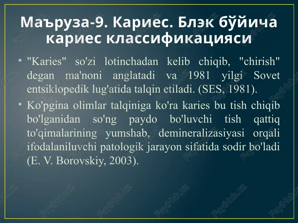 g'ildiraksimon, konussimon borlar bilan zararlangan fissuralarni charxlab, ularga krestsimon, qaldirg'och dumi, oval yoki yumaloq shakl beriladi qaldirg’och dumi charxlashning turli ko’rinishlari ii. sinf. kariyes kovak kichik va katta oziq tishlarning kontakt yuzalarida joylashadi. karioz kovak kontakt yuzada boiib, qo'shni tish bo’lmasa, kovakni chaynov yuzaga chiqarmasdan shakllantirish mumkin. qo'shimcha maydonsiz, chaynov yuzasiga chiqarilgan kovak karioz kovak ekvatorda yuqorida joylashganda shakllantiriladi. karioz kovak milk qirg'og'igacha yetib kelganda, ya'ni butun kontakt yuza zararlanganda qo'shimcha maydon hosil qilinib, chaynov yuzasiga chiqarilgan kovak shakllantiriladi. bunda olmosli yoki qattiq metalli borlar bilan emal-dentin charxlanib, kariyes kovagiga yoi ochiladi. keyin charxlash odatdagidek bajariladi.: bo'shliqni ochish, kengaytirish va shakliantirish. kariyes jarayoni medial va distal kontakt yuzalarni zararlagan bo'lsa, shakllantirilgan kovak tishning medial, distal va okkluzion yuzalarida joylashadi. okkluzion yuzadagi kovak medial va distal karioz kovak uchun umumiy qo'shimcha maydon hisoblanadi. charxlashning o’ziga xosliklari ii sinf kovaklarni charxlashning o'ziga xosligi qo'shimcha maydon hosil qilinishidir. qo'shimcha maydon doimiy plombaning mustahkamligini …