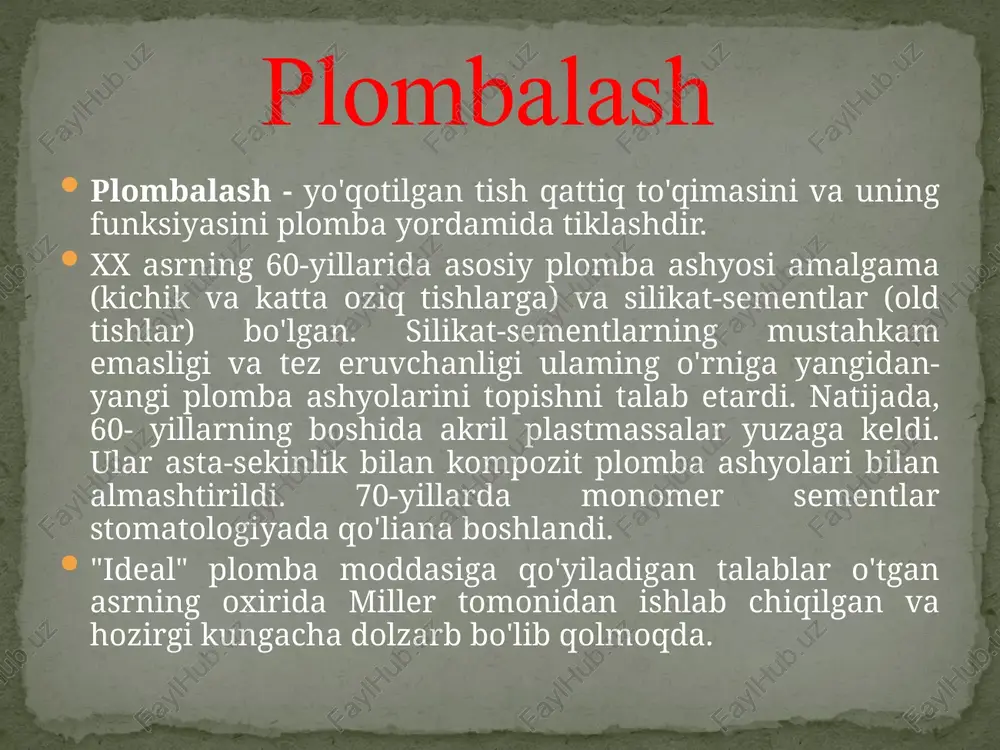 og'iz bo'shlig'ida kondensatsiyalash imkoniyatini beradi (margimushli malham ustiga, ochiq pulpa ustiga va suyuq dori moddalarini izolatsiya qilib bo'lmaydi). dentinning «ushlash» vaqti 1,5-2 daqiqadan so'ng boshlanib, 3-4 daqiqadan so'ng tugaydi. sun'iy dentinning xususiyatlari: qo'llanishdagi oddiylik; bo'shliqni yaxshi yopishi (germetikligi); organizm va tish pulpasiga indifferentligi; - mexanik ta'sirga mustahkam emasligi (2-3 kundan ortiq bardosh bermasligi). sun'iy dentin bo'shliqqa bir to'liq porsiya shaklida gladilka yordamida kiritilib, paxta yordamida zichlashtiriladi. sun'iy dentin -sink sulfat sement. sun'iy dentin 66% rux oksiddan, 24% rux sulfatdan, 10% kaolindan tashkil topgan. sun'iy dentin distillangan suv yordamida oynachaning g'adir-budur tarafida metall shpatel yordamida qoriladi. qorish jarayonida kukun suvga asta-sekinlik bilan aralashtiriladi. asosiy vakillari: "kemfil", "aquaionobond", "argeon", "argetzem". argetzem chaynov bosimigabardoshli. bu plomba ashyosi sut tishlarini plombalashda foydalaniladi. evgenol kompozit ashyolarining adgeziya va polimerizatsiya jarayonlarini buzadi. shuning uchun hozirda evgenol o'rnini bosadigan ashyolar, ya'nipolimetil metakrilatli plomba ashyolari ishlab chiqarilmoqda. bunday plomba ashyolar «ne» (non evgenol) tamg'asi yoki «evgenol tree» tamg'asi …