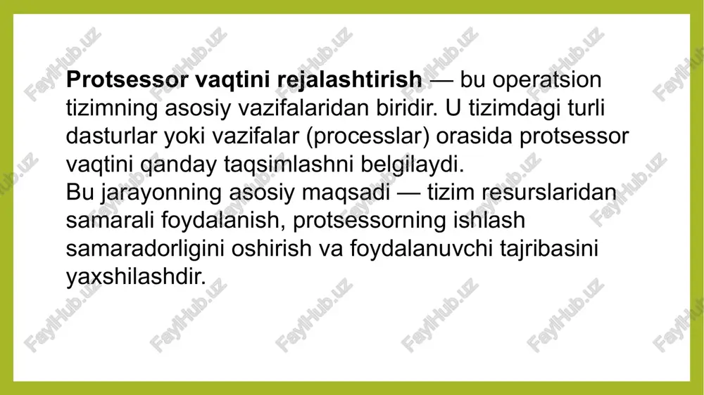 rejalashtirishning murakkab algoritmlariga oid ba'zi misollarni ko'rib chiqamiz. afzalliklari: tez bajariladigan vazifalar tez tugaydi, tizimning umumiy samaradorligi yuqori bo'ladi. kamchiliklari: vazifaning bajarilish vaqti oldindan ma'lum bo'lishi kerak, bu esa ba'zi hollarda amalda qiyin bo'lishi mumkin. shortest job next (sjn) yoki shortest job first (sjf) tavsif: bu algoritmda protsessor eng qisqa bajariladigan ishni tanlaydi va shu orqali tizimni optimallashtirishga harakat qiladi. dastur qancha qisqa ishlasa, shuncha tezroq bajariladi. afzalliklar: qisqa vaqtli vazifalar tez bajariladi. qisqa vazifalar tezroq tugaydi va umumiy kutish vaqti kamayadi. kamchiliklar: noma'lum kelajak muammosi: agar vazifalar bajarilishini oldindan bilish qiyin bo'lsa, bu algoritmni ishlatish qiyin. starvation (ochlik): agar katta vazifalar doimo kutib tursa, ular bajarilmasligi mumkin. round robin (rr) tavsif: bu algoritmda har bir dasturga belgilangan vaqt intervallari (quanta) beriladi. agar dastur belgilangan vaqt ichida tugamasa, u keyingi aylanishga o'tadi va unga yana vaqt beriladi. afzalliklar: o'rtacha kutish vaqti yaxshi, chunki har bir dasturga teng imkoniyat beriladi. tasodifiy …