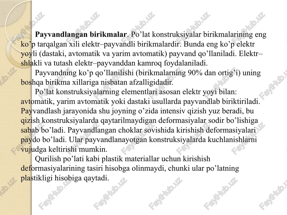 lariga eritib sarflanadigan metallning asosiy hajmi to’g’ri keladi. o’z–o’zidan ma’lumki, choklarning kesimi bilan cho’ziqligi konstruksiyalarning ishonchliligi va ish hususiyatlariga zarar yetkazmaydigan darajada kamaytirilishi lozim. zamonaviy texnologiya payvandlanadigan materiallarni to’g’ri tanlaganda, payvand birikmalarning mexanik xossalarini payvandlanadigan po’latning mexanik xossalariday olish imkonini yaratgan. payvand birikmalarning xillari va sxemalari 1–rasm. payvand birikmalarning xillari: a – tutashish joyiga qilinadigan choklar; b – burchaklarga qilinadigan choklar; v – tutashish joyi birikmasi; g – ustquyma bilan biriktirish; d – tavr shakliga keltirib biriktirish,ye – xuddi shunday, burchak shakliga chok metallining vaqtinchalik qarshiligi rwun (erigan metall mustahkamligi) biriktiriladigan element po’latining vaqtinchalik qarshiligidan kam bo’lmasligi lozim, yani. rwun>run. avtomatik, yarim avtomatik usulda yoki qo’lda payvandlangan tutashish joyi birikmasining hisobiy qarshiligini (rw) quyidagicha qabul qilinadi: nazorat qilish usulidan qatiy nazar birikmaning siqilishida, rwy = ry yoki rwu = ru; fizik uslubda tekshirilgan birikmaning cho’zilishida (o’q bo’ylab cho’zilishi yoki egilishida), rwy = ryyoki rwu = ru; fizik uslubda tekshirilmagan birikmaning …