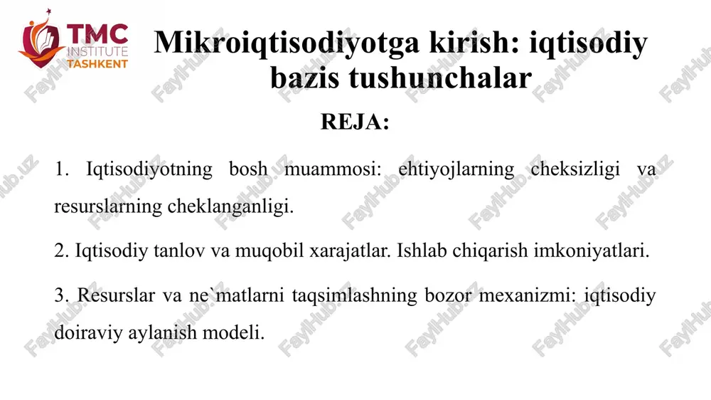 qtisodiy tahlil menejment tarmoqlar iqtisodiyoti makroiqtisodiyot statistika marketing korxona iqtisodiyoti “mikroiqtisodiyot” fanining boshqa fanlar bilan aloqadorligi iqtisodiyot nazariyasi mikroiqtisodiyot 03 01 04 02 mikroiqtisodiyot 07 05 08 06 tahlil va sintez usuli tajribaviy usul matematik modellashtirish usuli optimallashtirish usuli iqtisodiy-statistik usul abstrakt mushohada usuli induksiya va deduksiya usuli muvozanatni aniqlash usuli mikroiqtisodiyot fani iqtisodiy agentlar (alohida shaxslar), uy xo‘jaligi, korxona, davlat, ijtimoiy tashkilotlarning iqtisodiy harakatini o‘rganadi va quyidagi usullarni qo‘llaydi: 8 iqtisodiy tanlov tovarlar va xizmatlar ishlab chiqarishda cheklangan resurslardan foydalanishning muqobil variantlari ichidan cheksiz ehtiyojlarni maksimal qondirishga imkon beruvchi eng optimal variantni tanlashni anglatadi. muqobil xarajatlar - iqtisodiy tanlovda resurslardan samarali foydalanish bilan bog`liq eng yaxshi alternativ variantdan voz kechish natijasida boy berilgan imkoniyatlarni (olinadigan foydani) aks ettiruvchi xarajatlardir. ishlab chiqarish imkoniyatlari jamiyat yoki firmaning muayyan texnologik rivojlanish bosqichida mavjud resurslardan to`liq va samarali foydalanib maksimal hajmda tovarlar va xizmatlar ishlab chiqarish imkoniyatlarini aks ettiradi. 2. iqtisodiy tanlov va …