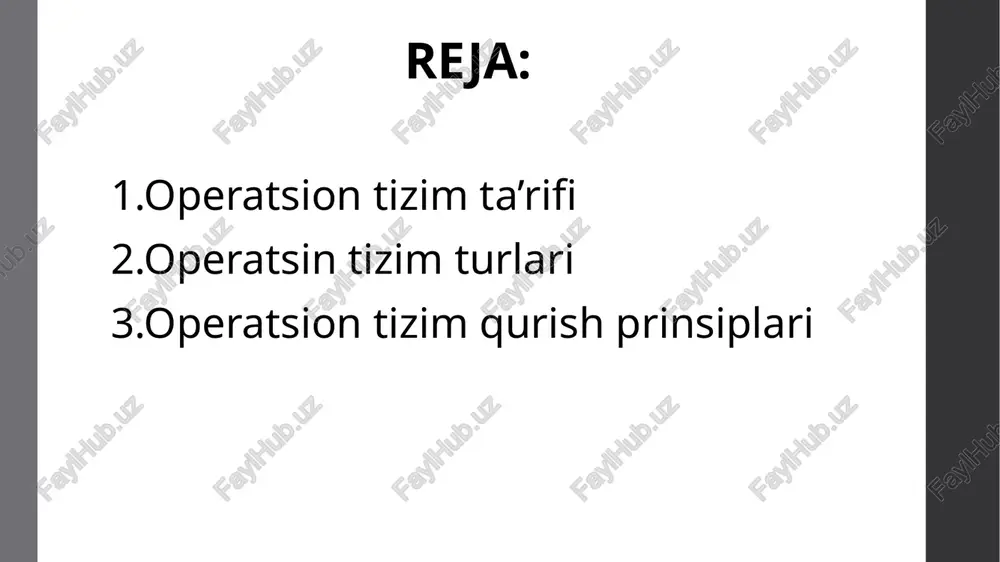 ani bajarishi lozim (masalan, jarayonlarni boshqarish, xotirani boshqarish).modullarning mustaqilligi kodni boshqarish va xatoliklarni bartaraf etishni osonlashtiradi. 2.qulaylik va foydalanuvchi interfeysi tizim foydalanuvchilari uchun qulay va sodda bo'lishi kerak.grafik interfeys (gui) va komanda qatori interfeysi (cli) orqali foydalanishni qo'llab-quvvatlash kerak.tizim sozlamalarini boshqarish uchun qulay vositalar taqdim etilishi zarur. 3.resurslarni samarali boshqarish: operatsion tizimning asosiy vazifasi resurslarni boshqarishdir (cpu, xotira, disk va tarmoq resurslari).resurslar taqsimoti adolatli, samarali va shaffof bo'lishi kerak. 4.xavfsizlik va ishonchlilik: operatsion tizim foydalanuvchilar va ma'lumotlar xavfsizligini ta'minlashi kerak.autentifikatsiya, foydalanuvchi huquqlari boshqaruvi va ma'lumotlarni himoya qilish mexanizmlarini joriy etish talab etiladi.tizim xatoliklarga chidamli bo'lishi va avariyaviy holatlarda tiklana olishi lozim. 5.portativlik (ko‘chirish imkoniyati): tizimning turli apparat platformalarida ishlashini ta'minlash lozim.operatsion tizimni qurishda apparatga qaram bo'lmagan dasturiy interfeyslar va modullarni yaratish muhim. 6.moslashuvchanlik va kengaytiriluvchanlik: tizimni foydalanuvchi ehtiyojlariga moslashtirish imkoniyati bo‘lishi lozim.yangilanishlarni oson qo'shish va yangi qurilmalarni qo'llab-quvvatlash imkoniyati mavjud bo‘lishi kerak. 7.ko'p vazifalilik va parallel ishlash: ko'p vazifalarni bir …