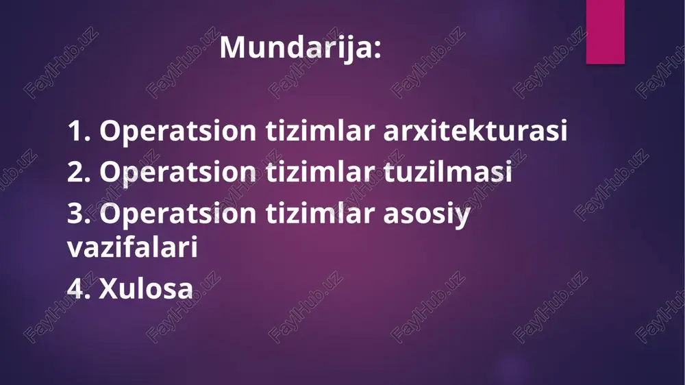 foydalanuvchi rejimida bajaradi. bu turdagi kernel xavfsizlik va barqarorlikni ta'minlashi mumkin, ammo nisbatan sekin bo'lishi mumkin. gibrid kernel: gibrid kernel arxitekturasi monolitik va mikrokernel arxitekturalarining kombinatsiyasidir. bu turdagi kernel yuqori samaradorlik va xavfsizlikni ta'minlash uchun mo'ljallangan. 2. operatsion tizimlar tuzilmasi operatsion tizimlar tuzilmasi operatsion tizimlar tuzilmasi bu kompyuter tizimining samarali ishlashini ta'minlash uchun mo'ljallangan dasturiy va apparat qismlarining tashkil etilgan tuzilmasidir. ushbu tuzilma turli komponentlarni o'z ichiga oladi va ularning o'zaro aloqasini boshqaradi. quyida operatsion tizimlar tuzilmasining asosiy jihatlari keltirilgan. operatsion tizimning asosiy tuzilmalari modul tuzilmasi: modul tuzilmasida operatsion tizim bir nechta mustaqil modullardan iborat bo'ladi. har bir modul aniq vazifani bajaradi va boshqa modullar bilan aniq interfeyslar orqali muloqot qiladi.afzalliklari: modullarni alohida rivojlantirish va sinash oson. kattaroq tizimlarni modullar asosida qurish mumkin.misol: linux operatsion tizimi modulli tuzilmaga ega. katlamli tuzilma: katlamli tuzilma operatsion tizimning komponentlarini katlamlarga ajratadi. har bir katlam aniq vazifalarni bajaradi va faqat o'zidan yuqori yoki pastki …