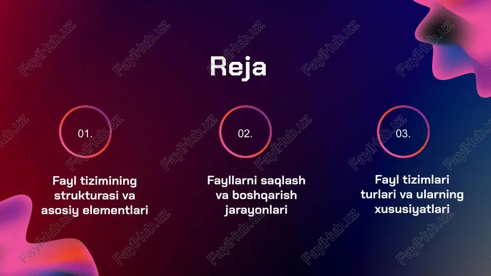 tahrirlash, o'chirish va ko'chirish jarayonlarini o'z ichiga oladi. versiya nazorati, fayllarning tarixini kuzatish va o'zgarishlarni boshqarish uchun muhimdir. bu jarayonlar samarali fayl boshqarishining asosini tashkil etadi. fayl tizimlarida xavfsizlik fayl tizimlarida xavfsizlik choralarining asosiy yo'nalishlari quyidagilardan iborat: parolni himoya qilish: foydalanuvchilar fayl tizimlariga kirish uchun kuchli parollarni ishlatishlari kerak. ma'lumotlarni shifrlash: ma'lumotlar shifrlangan holda saqlanishi zarur, bu esa ma'lumotlarning o'g'irlanishini oldini oladi. antivirus dasturlari: fayl tizimlarida viruslar va zararli dasturlarning oldini olish uchun muntazam ravishda antivirus dasturlari yangilanishi lozim. fayl tizimlari turlari turli fayl tizimlari fayl tizimlari kompyuterda ma'lumotlarni saqlash va boshqarish uchun zarur bo'lgan strukturadir. ular fayllar va papkalarni tashkil qilish orqali foydalanuvchilarga ma'lumotlarni osongina topish va ularga kirish imkonini beradi. misollar eng keng tarqalgan fayl tizimlari quyidagilardir: ntfs (windows uchun), fat32 (eski windows versiyalari va usb flesh xotiralar uchun) va ext4 (linux uchun). har bir tizimning o'ziga xos xususiyatlari va afzalliklari bor. fayl tizimlarining xususiyatlari 1. **tezlik**: fayl …