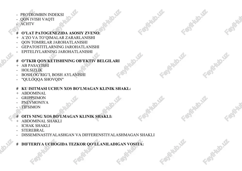arayon bo’lmasligi - bo’g’imlardagi organiq o’zgarishlar - gepatolienal sindrom # virusli gepatitlarni erta tashxislash uchun qaysi biokimyoviy test qo’llaniladi? + alat - qonning oqsil frakstiyasi - protrombin indeksi - xolesterin darajasi # virusli gepatitlarda qaysi bioximik testlar jigar hujayralari stitolizini ifodalaydi? + alat va asat darajasi - xolesterin darajasi - oqsil va qonning oqsil frakstiyalari darajasi - timol sinamasi # exinokokkozda samarali dori vositasi: + albendazol - prazikvantel - fenasal - kombantrin # infekstion toksik shok bosqichlarini baholaydi: + algover koefistenti - de-ritis koefistenti - eritrostitlar ko’rsatkichi - e.ch.t ko’rsatkichi # citomegalovirusli infekstiyada xos bo’lmagan yuqish yuli: + alimentar - xavo-tomchi - jinsiy - muloqot # yangi (cho’chqa) grippi asosiy yuqish yullariga kirmaydi? + alimentar - maishiy muloqot - aerogen - havo-tomchi # o’latning laborator tashxisotida qo’llanilmaydigan usul: + allergik - bakteriologik - biologik - serologik # gerpetik infekstiya patogenezining asosiy bosqichlariga kirmaydi: + allergik o’zgarishlar - teri va shilliq …