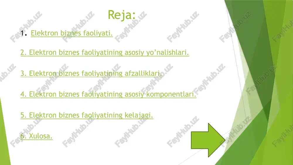 global bozorga kirish: internet va raqamli texnologiyalar orqali kompaniyalar chet el bozorlariga kirish imkoniyatini yaratadi, shuningdek, yangi mijozlarga erishish imkonini beradi. xarajatlarni kamaytirish: fizik do'konlar, ofislar va boshqa infrastruktura xarajatlarini qisqartirish orqali kompaniyalar xarajatlarni kamaytirishi mumkin. elektron do'konlar va onlayn xizmatlar jismoniy mavjudlikni talab qilmaydi. samaradorlik va tezlik: biznes jarayonlarini avtomatlashtirish, inventarizatsiya, buyurtmalarni qayta ishlash va xizmat ko'rsatishni tezlashtiradi. moslashuvchanlik: elektron biznes kompaniyalariga tezda o'z xizmatlarini yoki mahsulotlarini yangilash va bozor talablariga moslashtirish imkoniyatini beradi. mijozlar bilan aloqalar: elektron biznes mijozlarga 24/7 xizmat ko'rsatish, onlayn yordam, reklama va marketingning samarali usullarini taqdim etadi. 4. elektron biznes faoliyatining asosiy komponentlari. 1. onlayn savdo platformalari: mahsulotlar yoki xizmatlarni sotish uchun onlayn do'konlar, bozorlar (amazon, ebay, alibaba), mobil ilovalar va boshqa savdo tizimlari. 2. to'lov tizimlari: onlayn to'lovlarni amalga oshirish imkonini beruvchi tizimlar (paypal, stripe, bank kartalari, cryptocurrency). 3. onlayn marketing: seo (search engine optimization), email marketing, ijtimoiy media marketingi va boshqa onlayn …