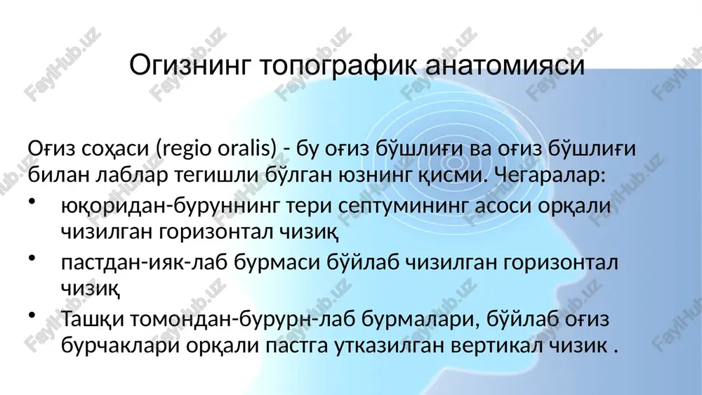 sik. u yukori jagning va tanglay suyagining usimtalardan xosim bulgan. kattik tanglayning oldingi kismida , ikalla kurak tishlarining urtasi va orkasida foramen incisivus joylashgan. kattik tanglayning ikkita yuzasi tafovut kilinadi: ogiz (yuzasi) va burun (bu yuza burun bushligining tubi xisoblanadi). ogiz tubi ogiz tubi-bu xususiy ogiz bushligi va ustki tilosti soxasi (regio suprahyoidea) orasida joylashgan . chegaralari: yukoridan: ogiz bushligining shillik kavati pastdan: shevkunenko klssifikatsisi buicha buyinnig ii fastsisi (buyinning xususiy fastsiyasi yuza varagi) oldindan va yon tomonlardan: pastki jag tanasining orka-ichki yuzasi. ogiz tubi muskullari: ogiz diafragmasi(diaphragma oris) jag-tilosti muskuli (m. mylohyoideus) iyak-tilosti muskuli (m. geniohyoideus) iyak-til muskuli (m. genioglossus) tilosti-til muskuli (m. hyoglossus ) ikki korinli muskulning oldingi korinchasi (venter anterior m. digastricus) xalkumning pirogov—valdeyer limfo-epitelial xalkasi— yukorigi xavo va xazm kilish yullarining shillik pardasi ostidagi limfoid tukimaning yirik majmuasi. uning tarkibiga ogiz va xalkum shillik pardasi osti joylashgan: xalkum, til, xikildok, nay va tanglay, xamda yakka yakka …