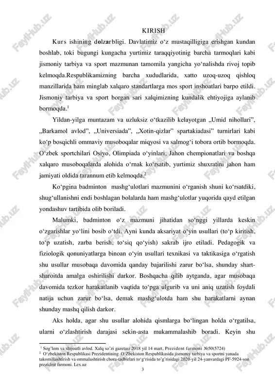 ish, to‘p uzatish, zarba berish, to‘siq qo‘yish) sakrab ijro etiladi. pedagogik va fiziologik qonuniyatlarga binoan o‘yin usullari texnikasi va taktikasiga o‘rgatish shu usullar musobaqa davomida qanday bajarilishi zarur bo‘lsa, shunday shart- sharoitda amalga oshirilishi darkor. boshqacha qilib aytganda, agar musobaqa davomida tezkor harakatlanib vaqtida to‘pga ulgurib va uni aniq uzatish foydali natija uchun zarur bo‘lsa, demak mashg‘ulotda ham shu harakatlarni aynan shunday mashq qilish darkor. aks holda, agar shu usullar alohida qismlarga bo‘lingan holda o‘rgatilsa, ularni o‘zlashtirish darajasi sekin-asta mukammalashib boradi. keyin shu 1 sog’lom va shijoatli avlod. xalq so’zi gazetasi 2018 yil 14 mart, prezident farmoni № 50(5724) 2 o‘zbekiston respublikasi prezidentining o‘zbekiston respublikasida jismoniy tarbiya va sportni yanada takomillashtirish va ommalashtirish chora-tadbirlari to‘g‘risida to’g’risidagi 2020-yil 24-yanvardagi pf-5924-son prezidrnt farmoni. lex.uz 4 elementlarni qo‘shib to‘liq holda o‘rgatish juda qiyin kechadi. chunki, bir holatda o‘rgatilgan harakat refleksi (malakasi), boshqa sharoitda o‘rgatilsa natija besamara bo‘ladi. badminton sport turiga xos bo’lgan psixofiziologik …