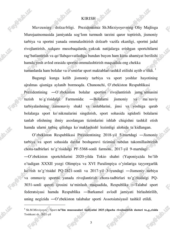 farmoni, 2017-yil 9-martdagi ―o’zbekiston sportchilarini 2020-yilda tokio shahri (yaponiya)da bo’lib o’tadigan xxxii yozgi olimpiya va xvi paralimpiya o’yinlariga tayyorgarlik ko’rish to’g’risida‖ pq-2821-sonli va 2017-yil 3-iyundagi ―jismoniy tarbiya va ommaviy sportni yanada rivojlantirish chora-tadbirlari to’g’risida‖gi pq- 3031-sonli qarori ijrosini ta‘minlash maqsadida, respublika ―talaba‖ sport federatsiyasi hamda respublika ―barkamol avlod‖ jamiyati birlashtirilib, uning negizida ―o’zbekiston talabalar sporti assotsiatsiyasi‖ tashkil etildi. 1 sh.m.mirziyoyev sport-ta‟lim muassasalari faoliyatini 2025-yilgacha rivojlantirish dasturi to„g„risida toshkent sh., 2021-yil 4 sport o’yinlari jismoniy tarbiya va sport tizimida asosiy o`rinni egallaydi. sport o`yinlari umumta`lim, kasbhunar va oliy ta`lim muassasalarida fan dasturlariga kiritilgan. bu borada bolalarni bo’sm va maxsus ixtisoslashtirilgan sport maktab internatlarda katta ishlar olib borilmoqda. buning natijasini joriy etilgan uch bosqichli tizim «universiada» sport musobaqalarida yaqqol ko`rish mumkin. shu sababli «sport harakatli o`yinlar», «sport turlaridan hakamlik», «sport mahoratini oshirish» fanlari bo`yicha pedagogik faoliyatda zarur bo`lgan bilim, ko`nikma va malakalarni shakllantirishga qaratilgan. kurs ishining maqsadi vazifalari: yengil atletika sport turning …