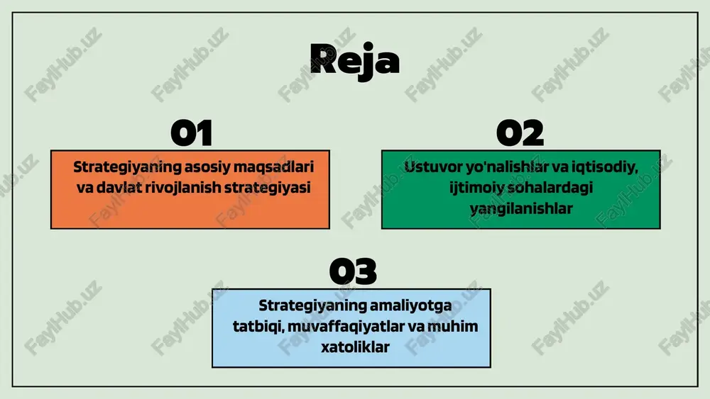 iy resurslar, soliq imtiyozlari va infratuzilma rivojlantiriladi. bu ijtimoiy-iqtisodiy barqarorlik uchun muhimdir. ustuvor yo'nalishlar: ijtimoiy yangilanishlar o'zbekistonning 2022-2026 strategiyasida ijtimoiy sohalardagi rivojlanish muhim. ta'lim, sog'liq, himoya va tenglikni ta'minlashga qaratilgan islohotlar bu yilda muhim ahamiyatga ega. ta'lim va sog'liqni saqlashda sifat va imkoniyatlarni kengaytirish, raqamli texnologiyalarni joriy etish va innovatsiyalarni keng qo'llash muhimdir. photo by bermix studio on unsplash strategiyaning amaliyotga tatbiqi strategiyaning amaliyotga tatbiqi jarayoni strategiyaning bosqichma-bosqich amalga oshirilishini o'z ichiga oladi. bu jarayonda davlat, xususiy sektor va jamiyat bilan hamkorlik muhim, shuningdek, resurslar va nazorat tizimlari muvofiqlashtiriladi. muvaffaqiyatlar orasida iqtisodiy o'sish, ish o'rinlarining yaratilishi, ijtimoiy barqarorlik va texnologik yangilanishlar mavjud. masalan, sanoatni modernizatsiya qilish va yashash sharoitlarini yaxshilash. muammolar sifatida moliyaviy cheklovlar, boshqaruv muammolari, resurslarni noto'g'ri taqsimlash ko'rsatiladi. ularni hal qilish uchun monitoring tizimlari joriy etilishi va manfaatdor tomonlarning faol ishtiroki zarur. muvaffaqiyatlar va muhim xatoliklar 2022-2026-yillarga mo'ljallangan strategiyaning amalga oshirilishidagi yutuqlar va muammolar tahlili, hamda kelajak uchun …